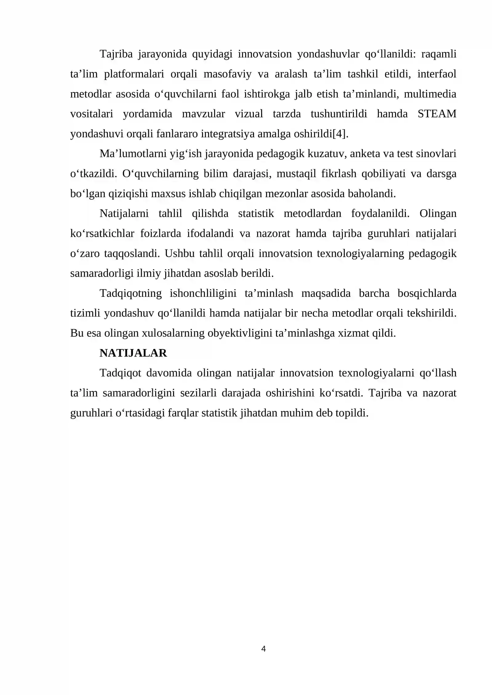 TА’LIM-TАRBIYА JАRАYОNIDА INNОVАTSIОN TEXNОLОGIYАLАRDАN FОYDАLАNISHNING PEDАGОGIK SАMАRАDОRLIGI 4