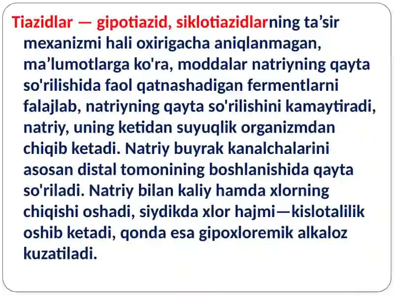 Diuretik vositalar guruhlari 2. Bachadon mushaklarini gisgartiruvchi (stimullovchi moddalar. +3. Bachadon mushaklari gisqarishini kamaytiruvchi moddalar. 4