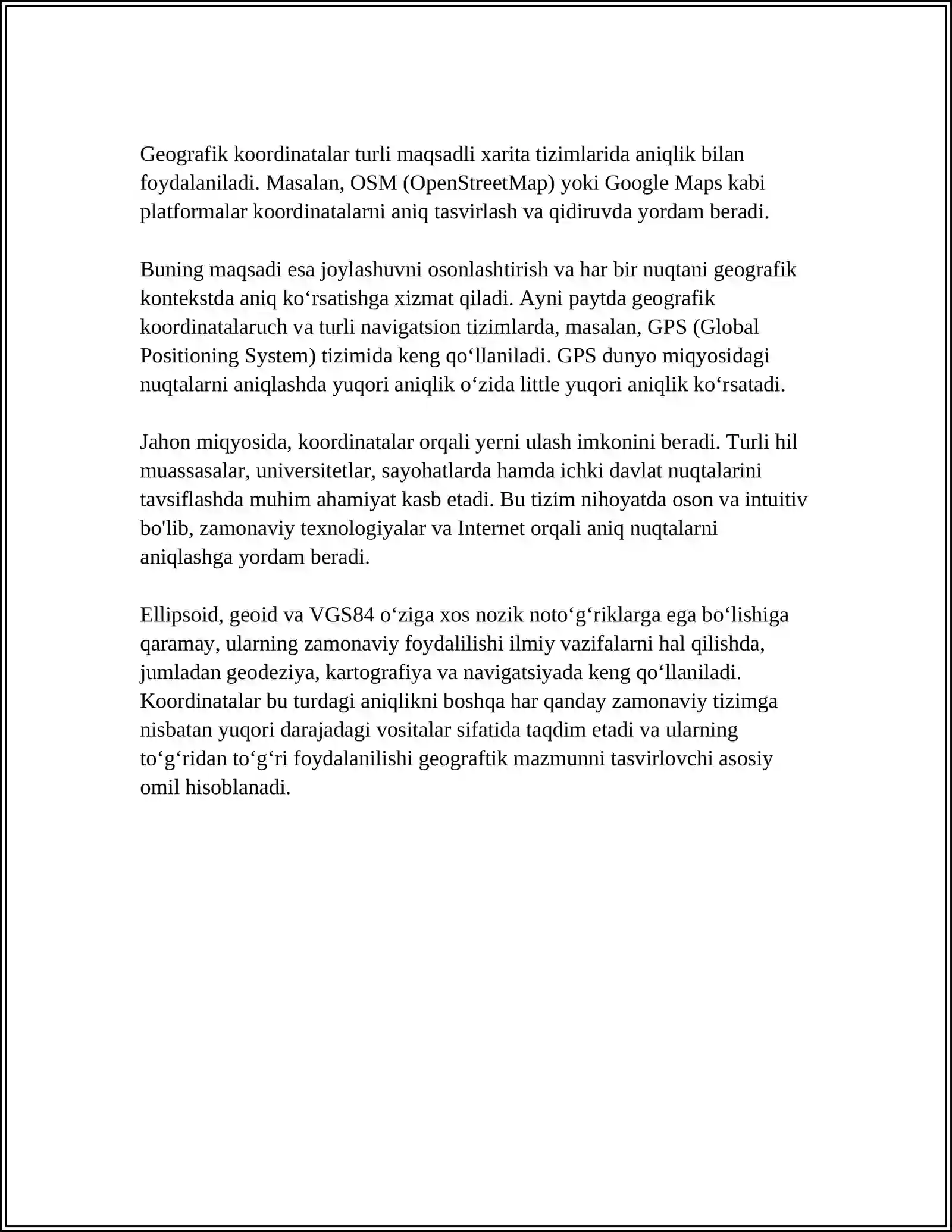 MUSTAQIL ISH Mavzu: JOY PLANI VA GEOGRAFIK KOORDINATALAR TIZIMI,ORIYENTIRLASH,ORIYENTIRLASH BURCHAKLARINI O‘RGANISH 4