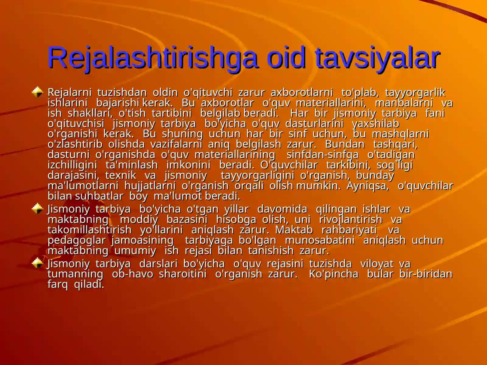 Jismoniy tarbiya fani bo'yicha o'quv tarbiya jarayonini rejalashtirish texnologiyasi 4