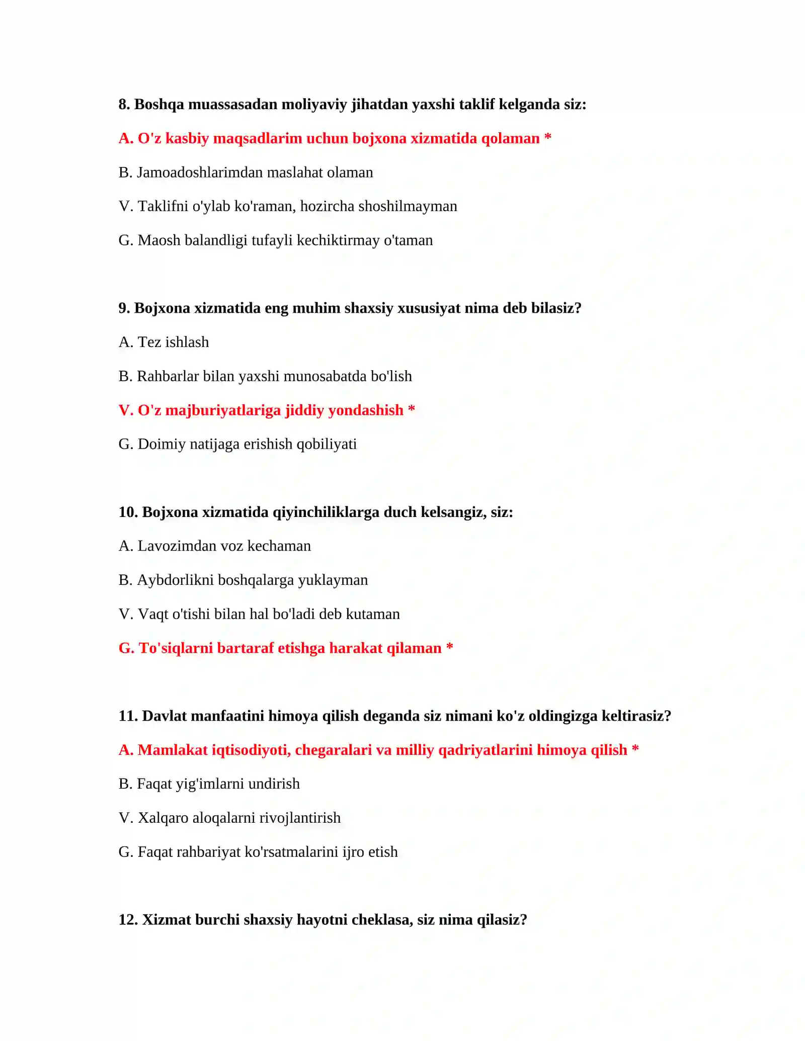 Bojxona ishga kirish uchun testlar 4