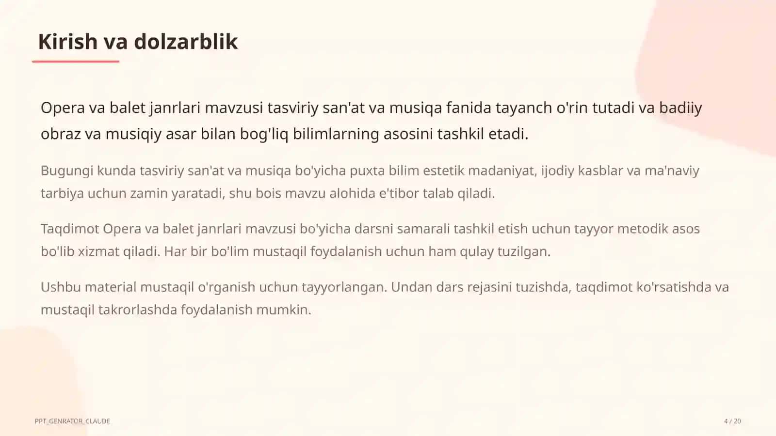 Opera va balet janrlariga oid dars 4