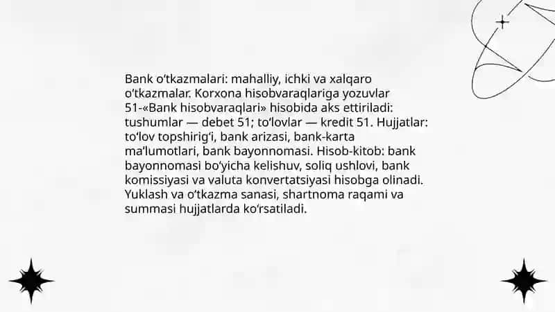 Naqd pulsiz hisob-kitob shakllari va hisob – kitob schyoti bo‘yicha operatsiyalarni hisobga olish 4