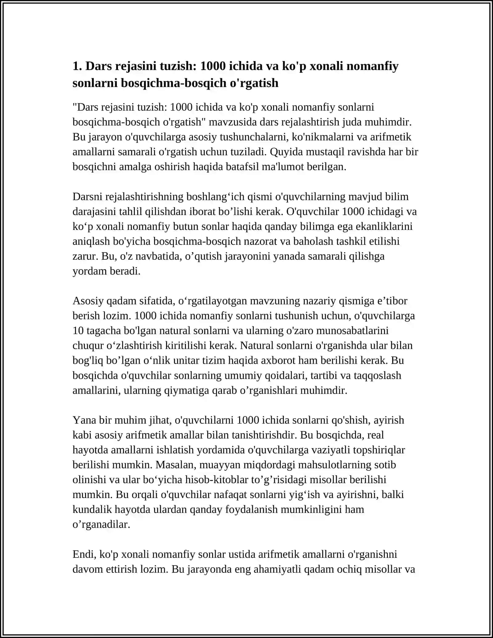 1000 ICHIDA VA KO'P XONALI NOMANFIY BUTUN SONLAR USTIDA ARIFMETIK AMALLARNI O'RGATISH METODIKASI 4