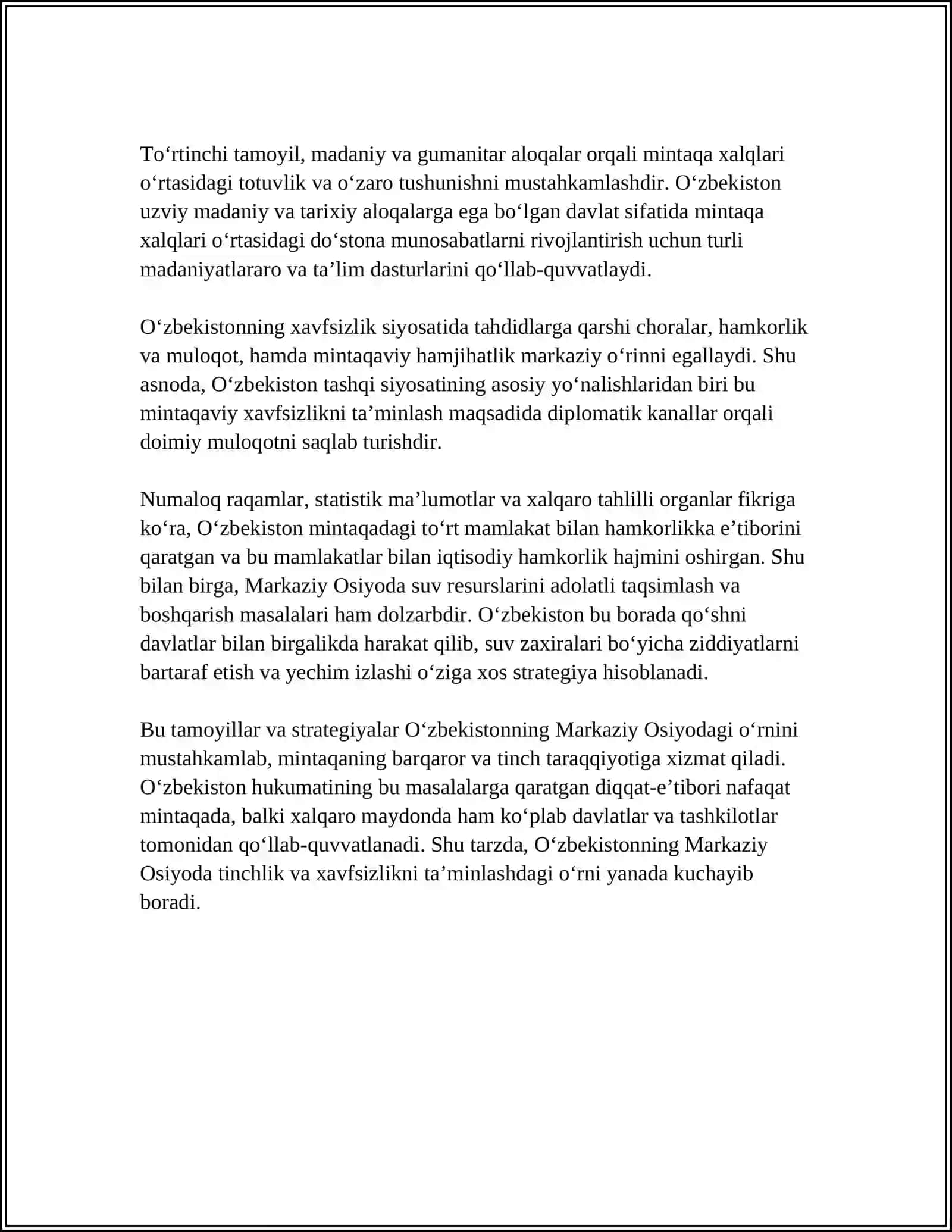 O'zbekistonni Markaziy Osioda Tinchlik va Barqarorlikni Ta'minlashda O'rni 4