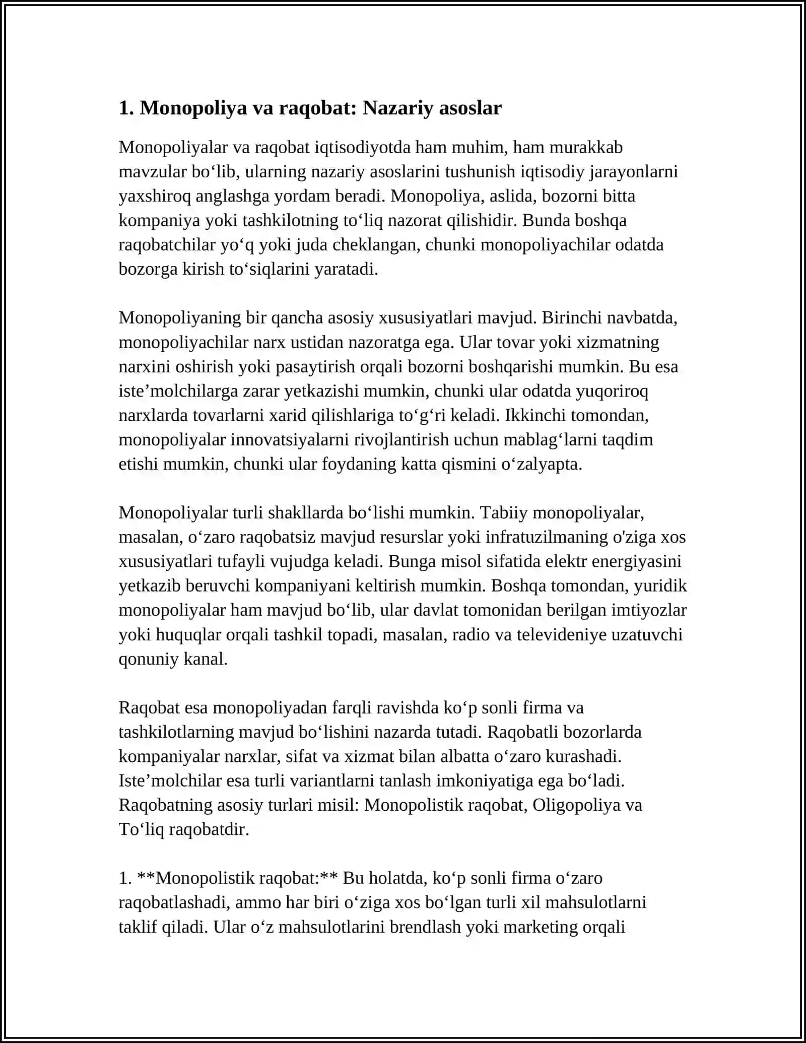 MONOPOLISTIK KORXONALARNI TARTIBGA SOLISH USULLARI. MILLIY IQTISODIYOT RAQOBATDOSHLIGINI OSHIRISHGA QARATILGAN CHORA-TADBIRLAR 4