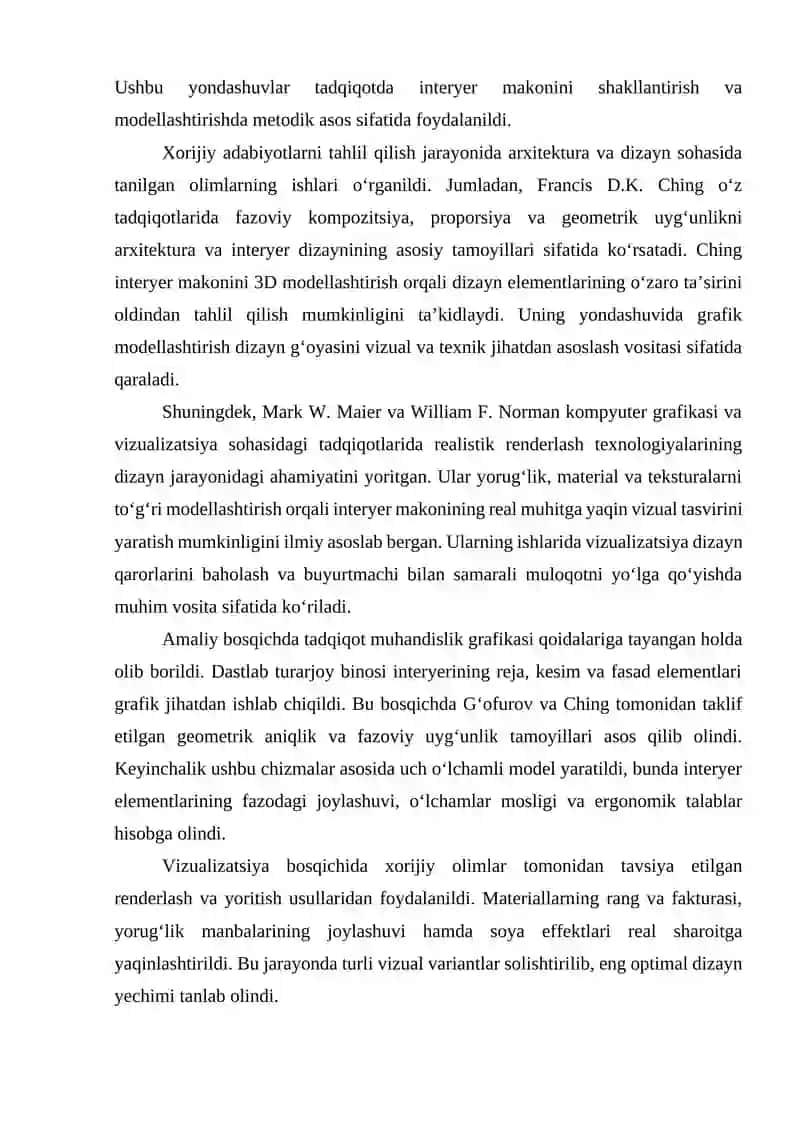 MUHANDISLIK GRAFIKASI ASOSIDA TURARJOY BINOLARI INTERYER DIZAYNINI 3D MODELLASHTIRISH VA VIZUALIZATSIYA TEXNOLOGIYALARINI ISHLAB CHIQISH 4