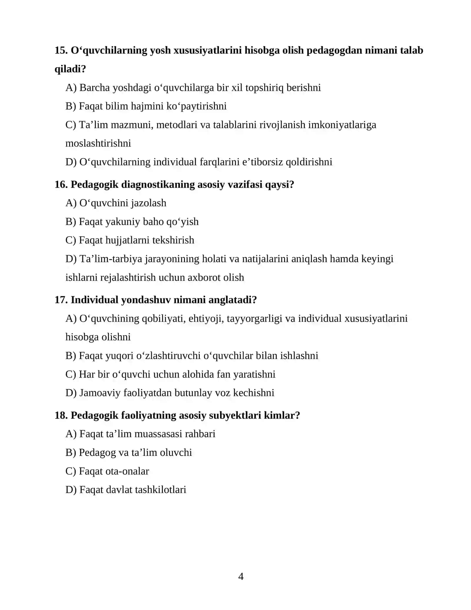 Pedagogika Fanidan 100 ta Test 4