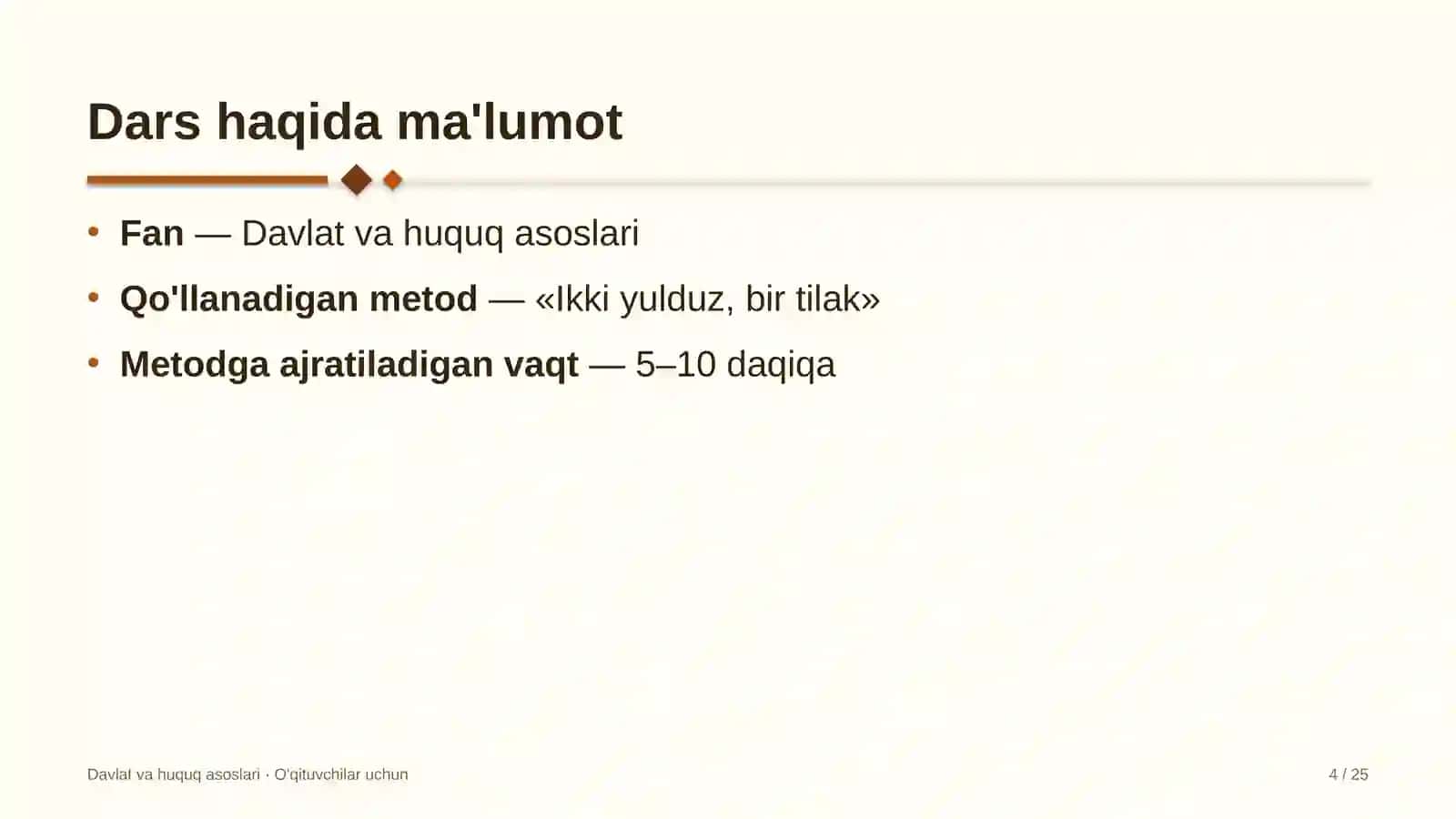 davlat va huquq asoslari darslarida ikki yulduz bir tilak metodidan foydalanish 9304 4