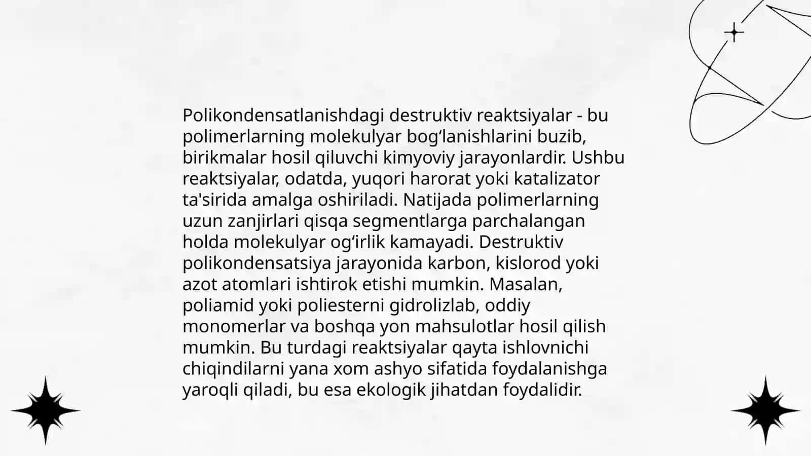Sopolimerlanish reaksiyasi bo'yicha olinadigan sintetik kauchuklar.Polikondensatlanishdagi destryuktiv reaksiyalar.Sellyoloza va tabiiy ipakning polimeranologik o'zgarishlari.Destryuksiyani tezlatuchi va sekinlatuvchi modular 4