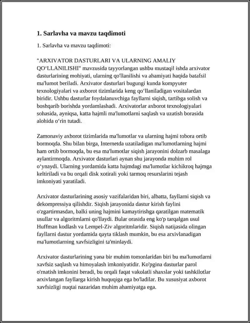 ARXIVATOR DASTURLARI VA ULARNING AMALIY QOʻLLANILISHI MUSTAQIL ISH SLAYD 20 BETLIK 4