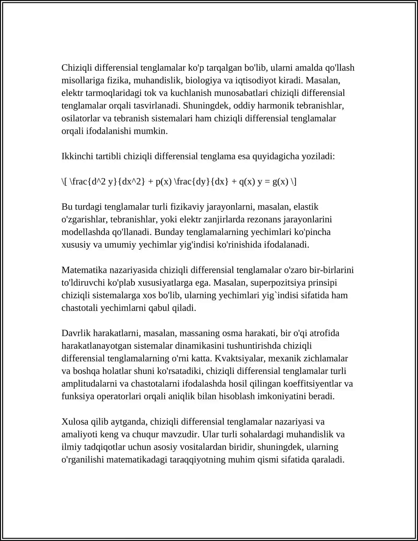 CHIZIQLI OʻZGARMAS KOEFFISIYENLI BIR JINSLI VA BIR JINSLI BOʻLMAGAN DIFFERENTSIAL TENGLAMALAR 4