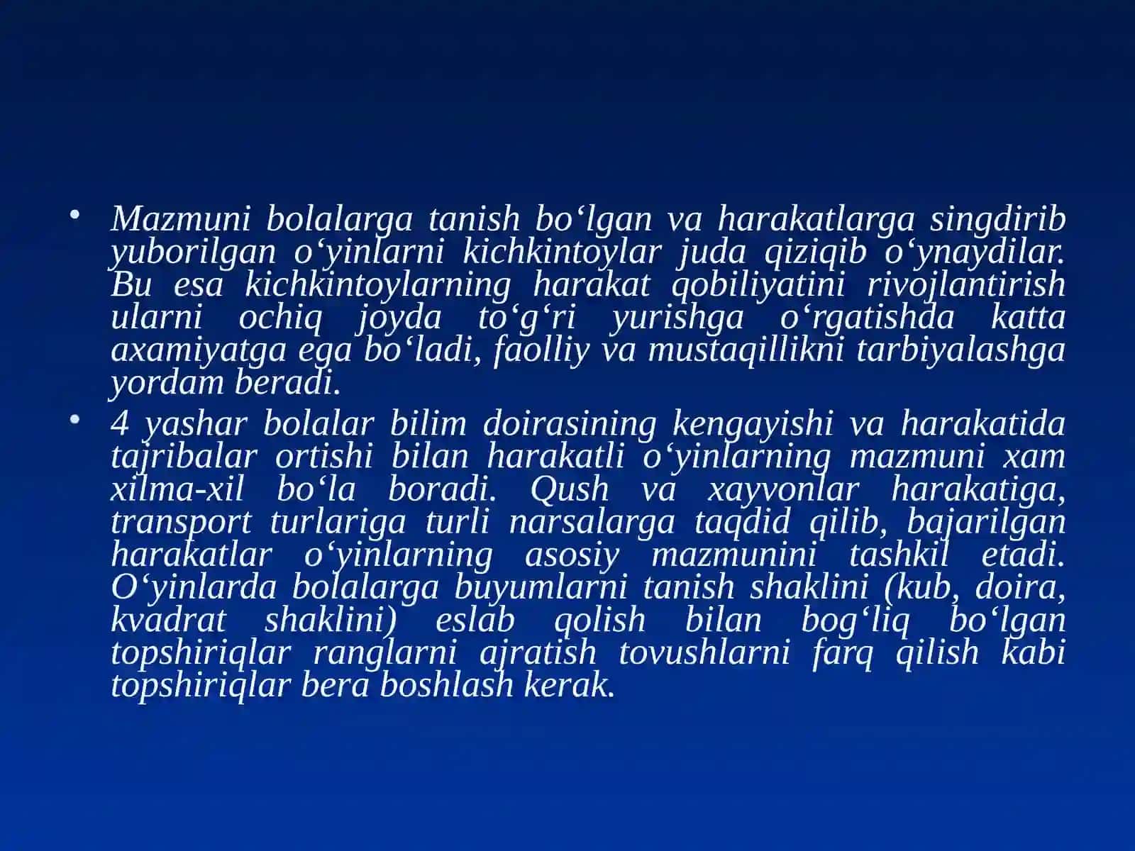 Harakatli o'yinlarni darsni asosiy qismida mos xolda tanlash va taxlil qilish 4