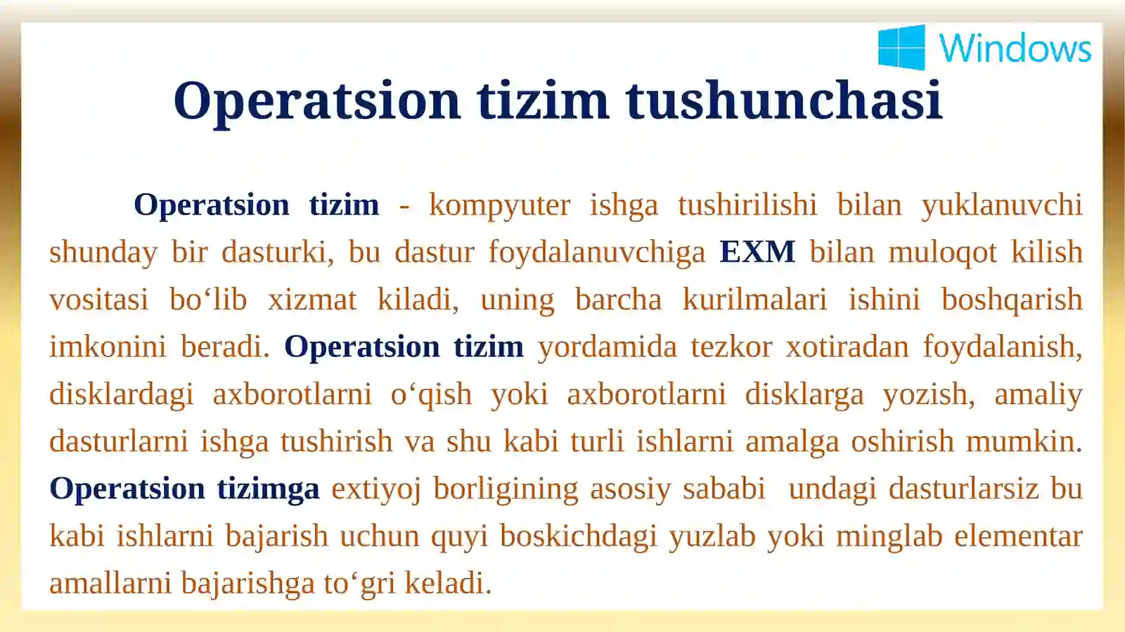 Kompyuterlarning operatsion tizimlari. Windows OT 4