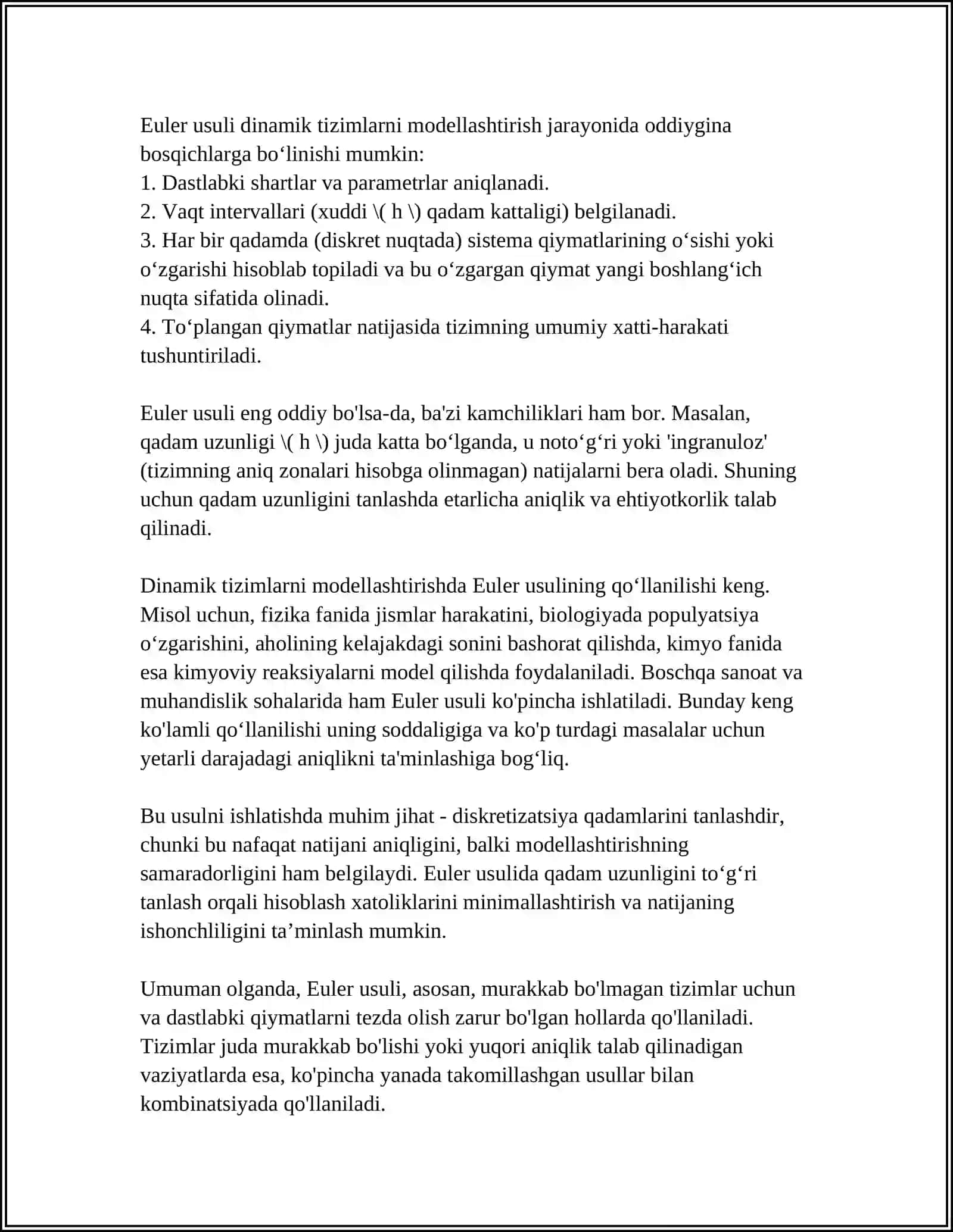 DINAMIK SISTEMALARNI MODELLASHTIRISH UCHUN DIFFERENSIAL TENGLAMALARNI SONLI YECHISH USULLARI 4