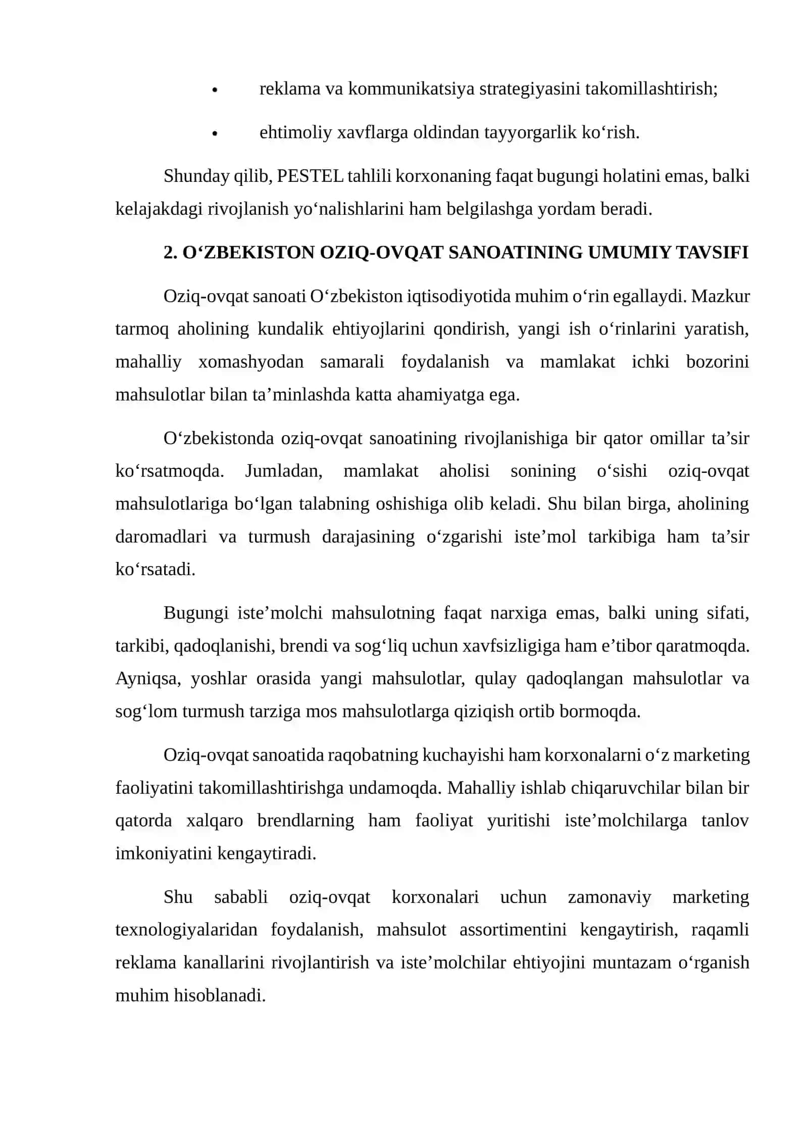 O'ZBEKISTON OZIQ OVQAT SANOATI KORHONASI MISOLIDA PESTEL TAHLILINI AMALGA OSHIRISH VA STRATEGIK MARKETING QARORLARINI ISHLAB CHIQISH 4