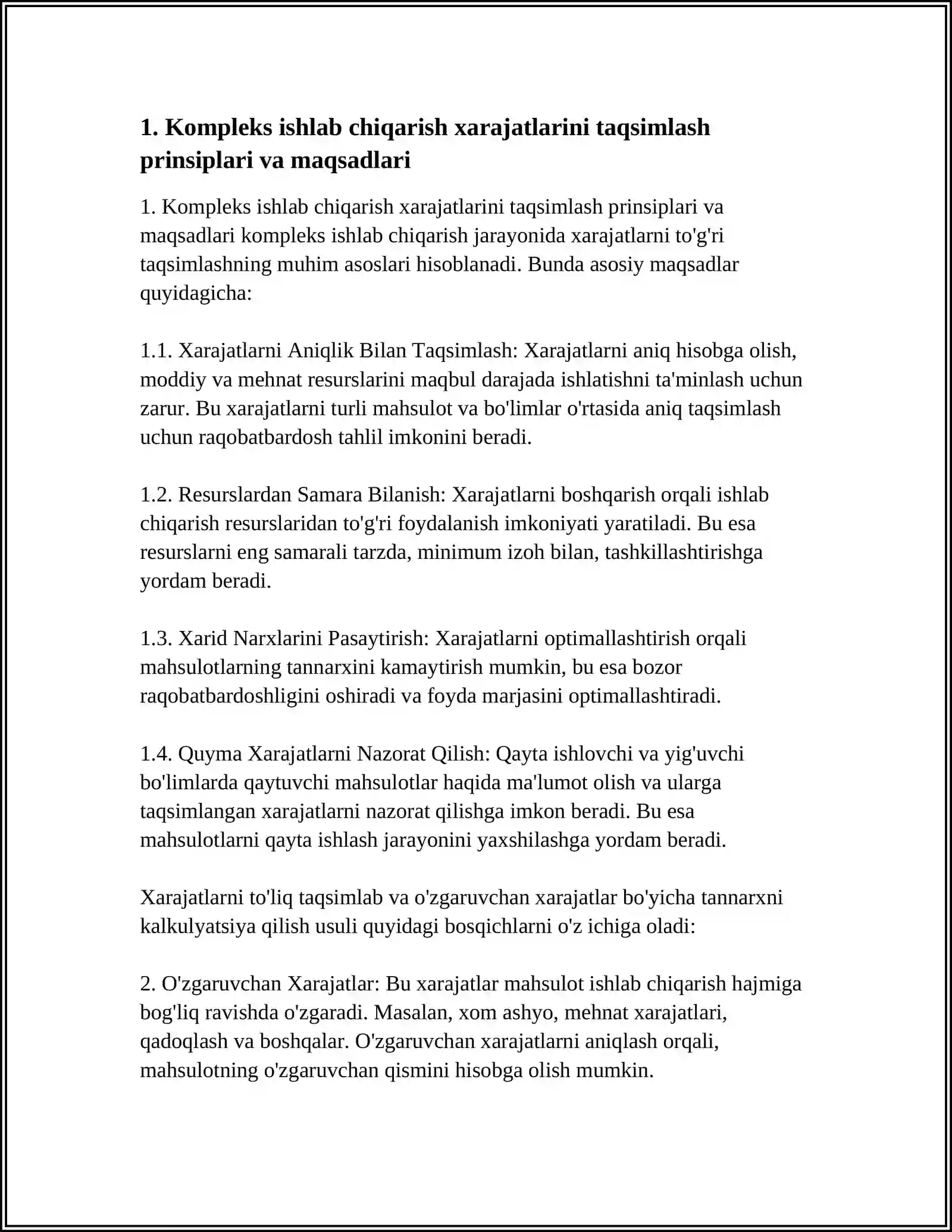 KOMPLEKS ISHLAB CHIQARISH XARAJATLARINING TAQSIMLANISHI VA QOSIMCHA MAHSULOT ISHLAB CHIQARISH; XARAJATLARNI TO‘LA TAQSIMLAB VA O‘ZGARUVCHAN XARAJATLAR BO‘YICHA TANNARXNI KALKULYASIYA QILISH USULI; BUDJETLASHTIRISH VA SMETANI REJALASHTIRISH 4