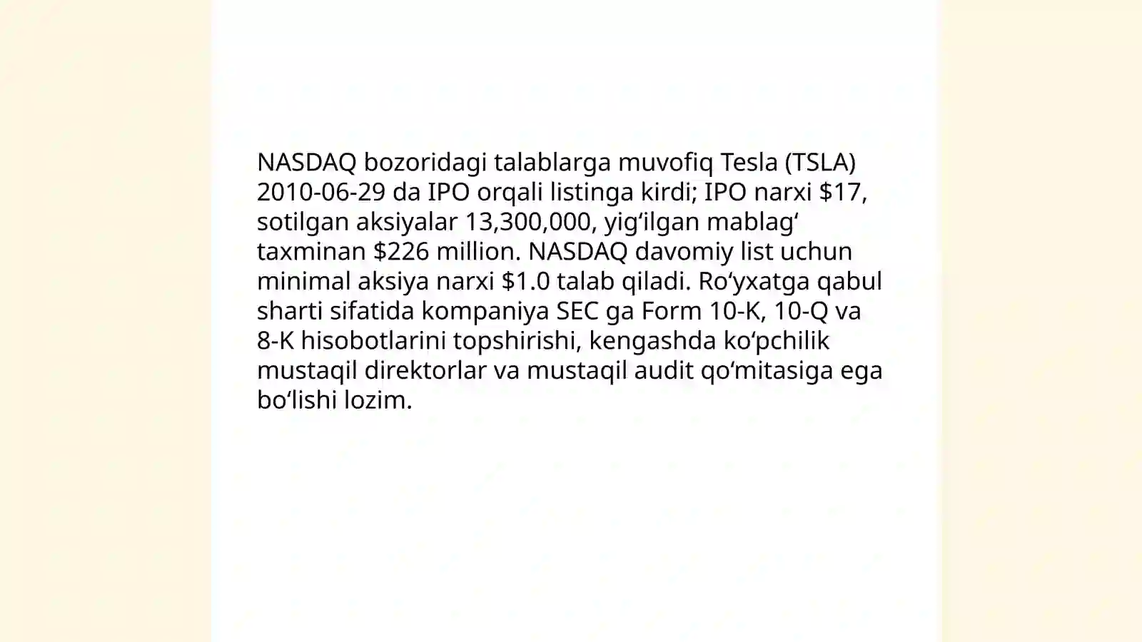 Tesla kompaniyasining fond birjasi va listing talablari va asosiy moliyaviy ko’rsatgichlari 4