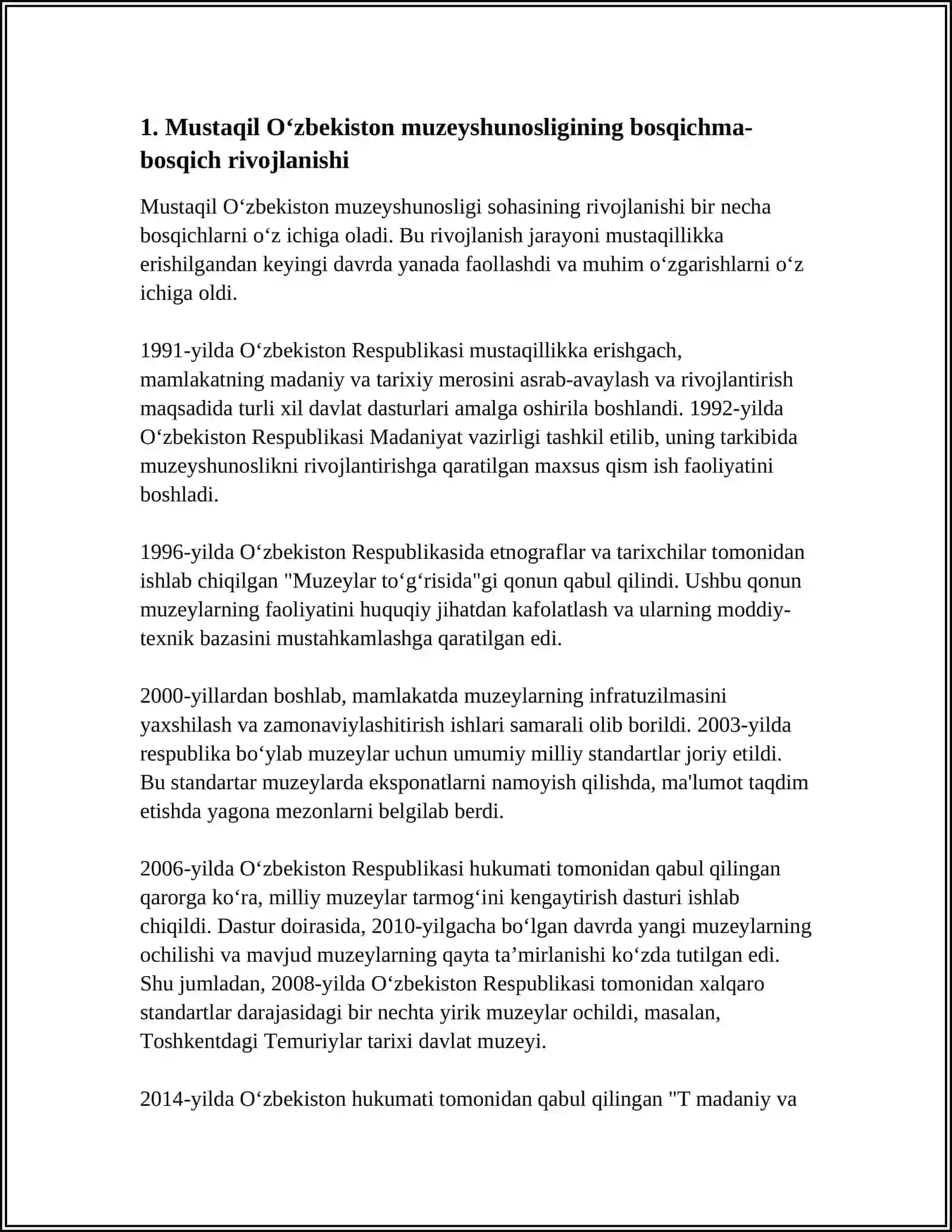 MUSTAQIL O‘ZBEKISTONDA MUZEYSHUNOSLIKNI RIVOJLANISH AVA OCHIK OSMON OSTIDAGI MUZEYLAR 4