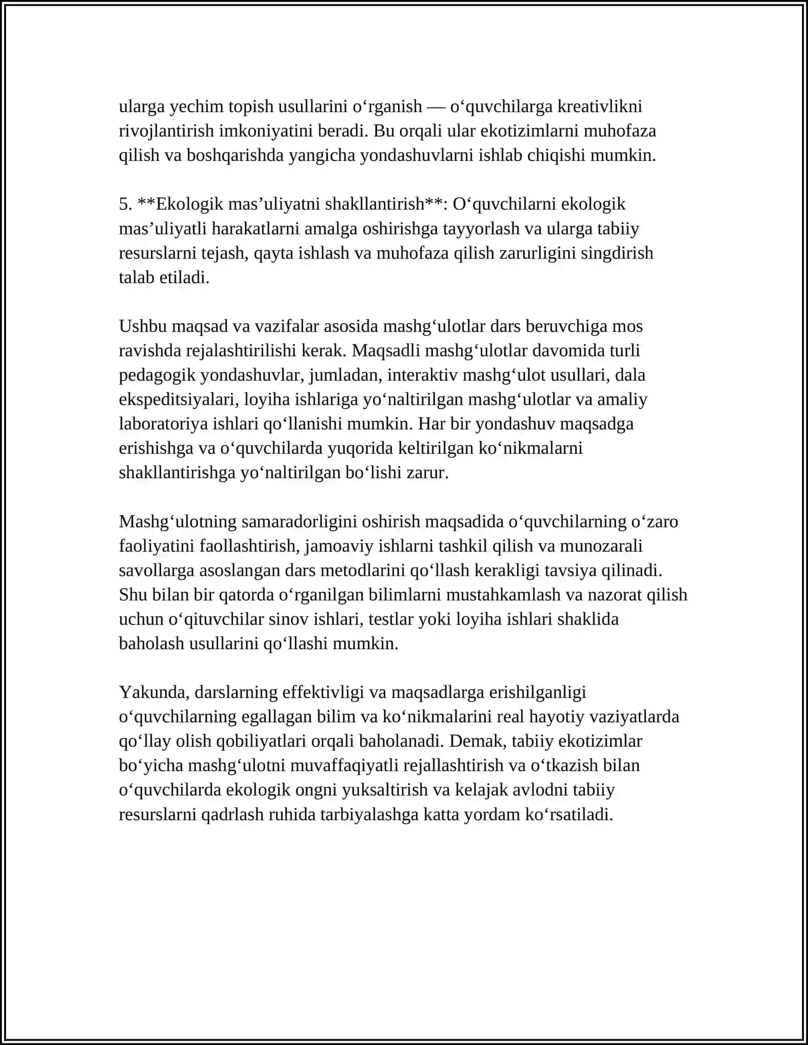 TABIIY EKOTIZIMLAR TOʻGʻRISIDA MASHGʻULOTLARNI OʻTKAZISH METODIKASI 4