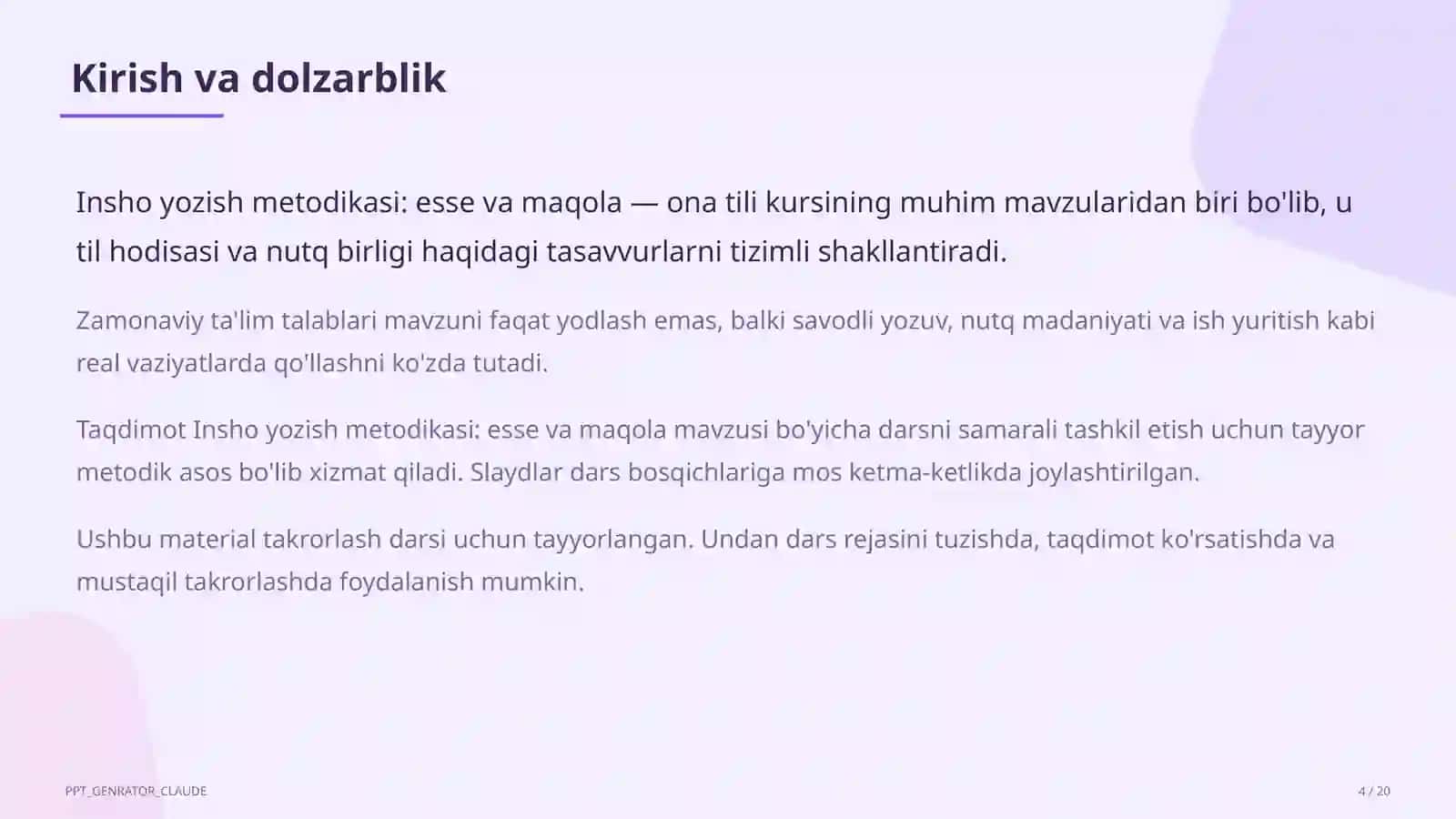 Insho yozish metodikasi: esse va maqola (11-sinf) 4
