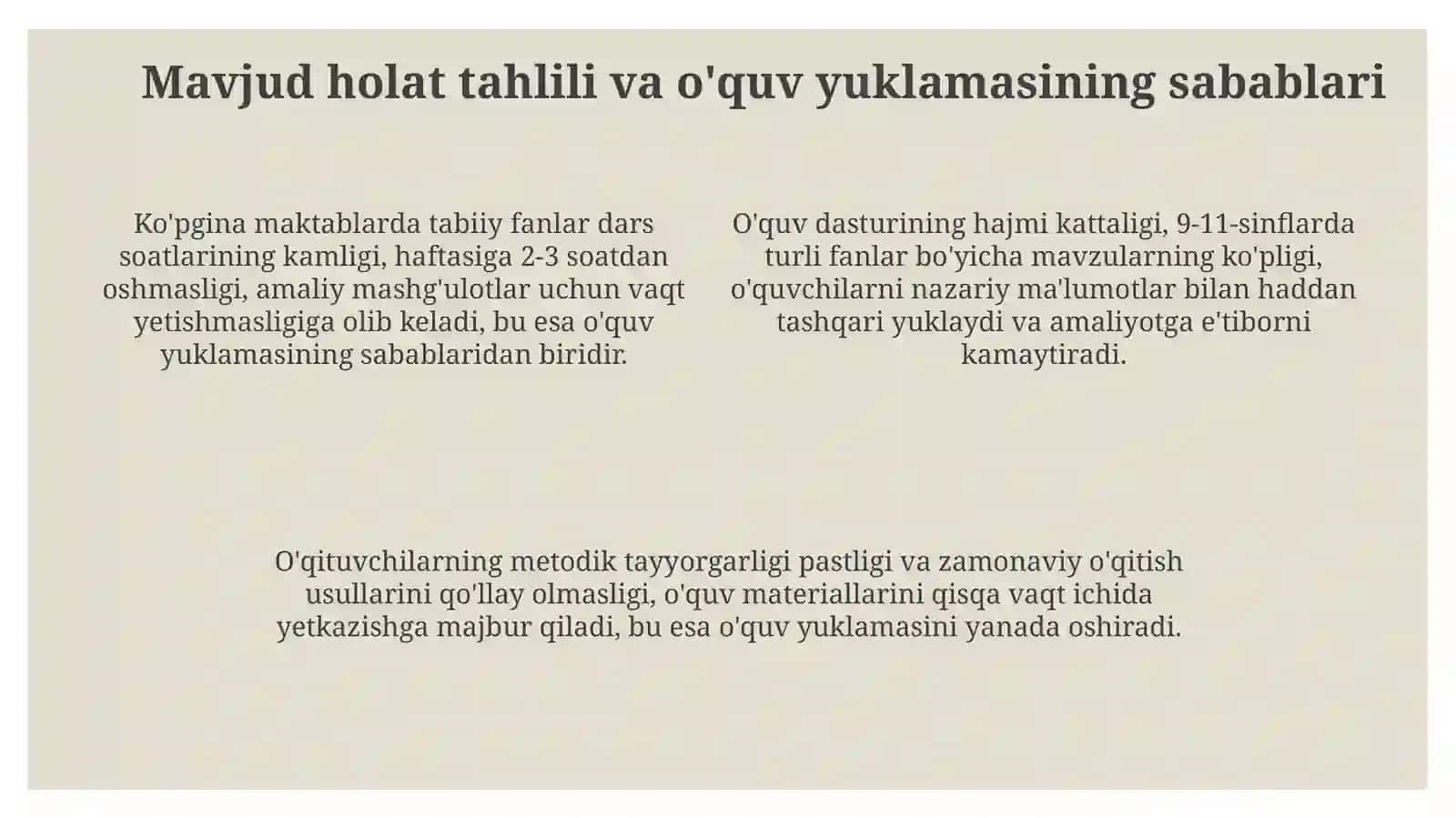 Oz komplektlangan maktablarda tabiiy fanlarni o'qitishni loyihalash usullariini o'rganish 4