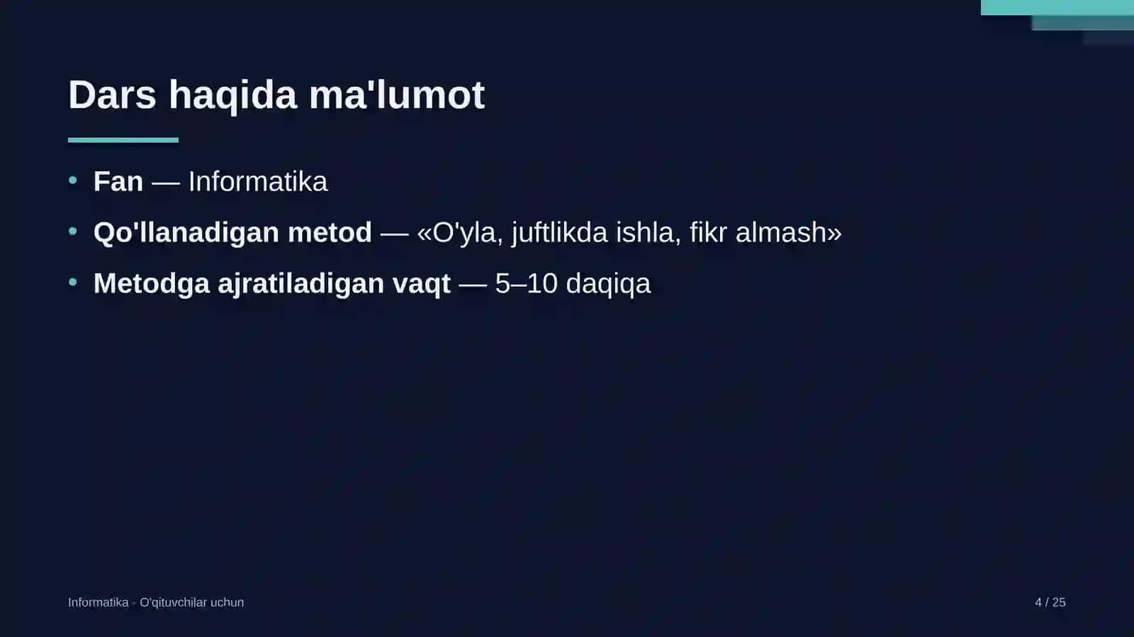 informatika darslarida o'yla juftlikda ishla fikr almash metodidan foydalanish 8156 4