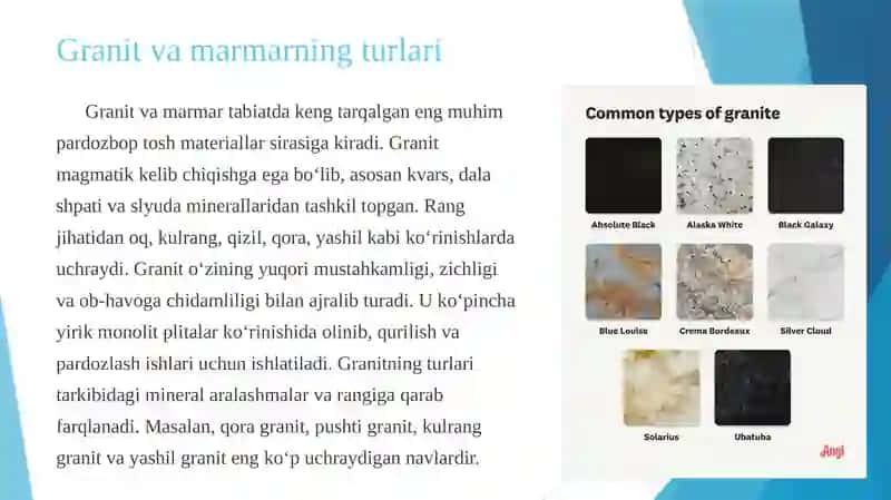 Tabiiy pardozbop rangli tosh materiallar xossalari, granit, marmar, granitga sayqal berish, marmarga sayqal berish, granitning turlari, marmarning turlari va ularning turlari 4