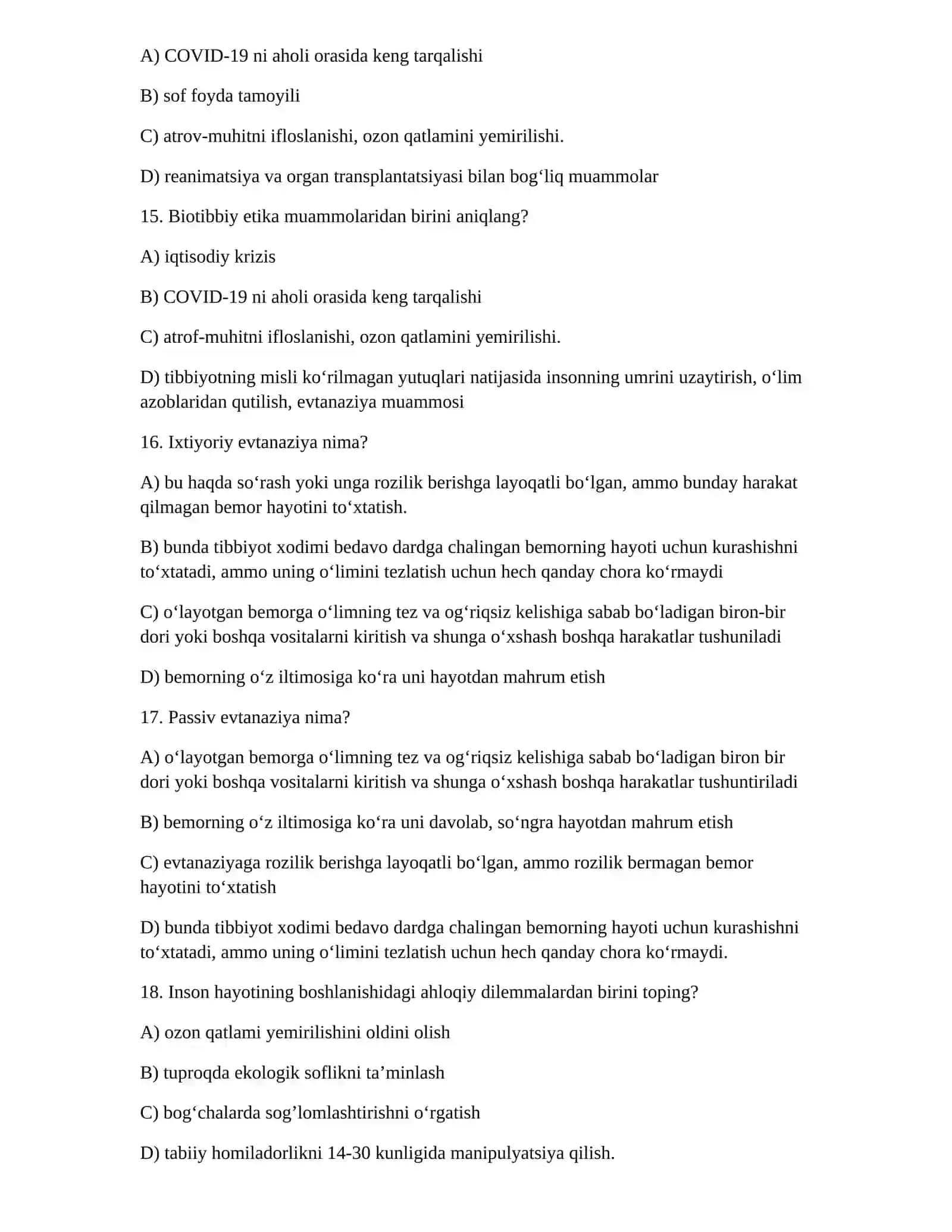 Bioetika Test Savollari (O'zbekcha) 4