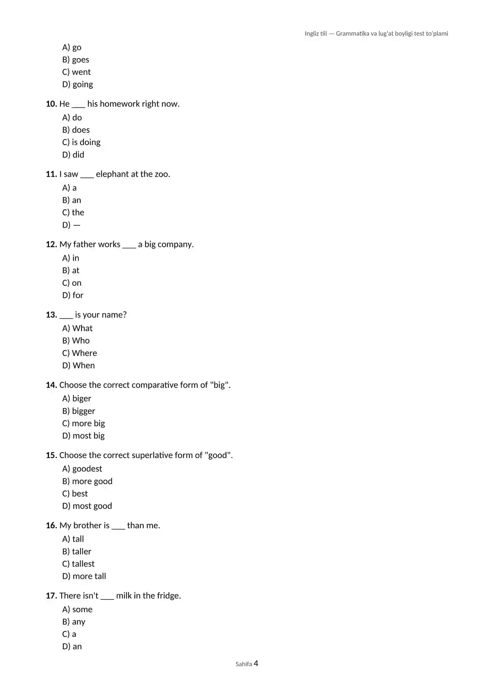 Ingliz tili — Grammatika va lug'at boyligi test to'plami 4