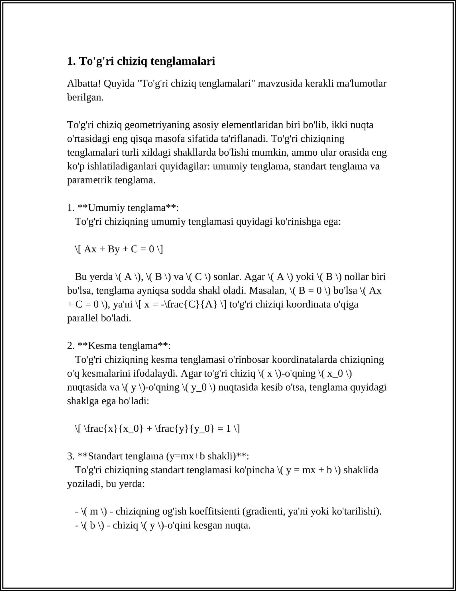 TEKISLIKDA ANALITIK GEOMETRIYANING ASOSIY TUSHUNCHALARIGA DOIR MISOLLAR YECHISH 4