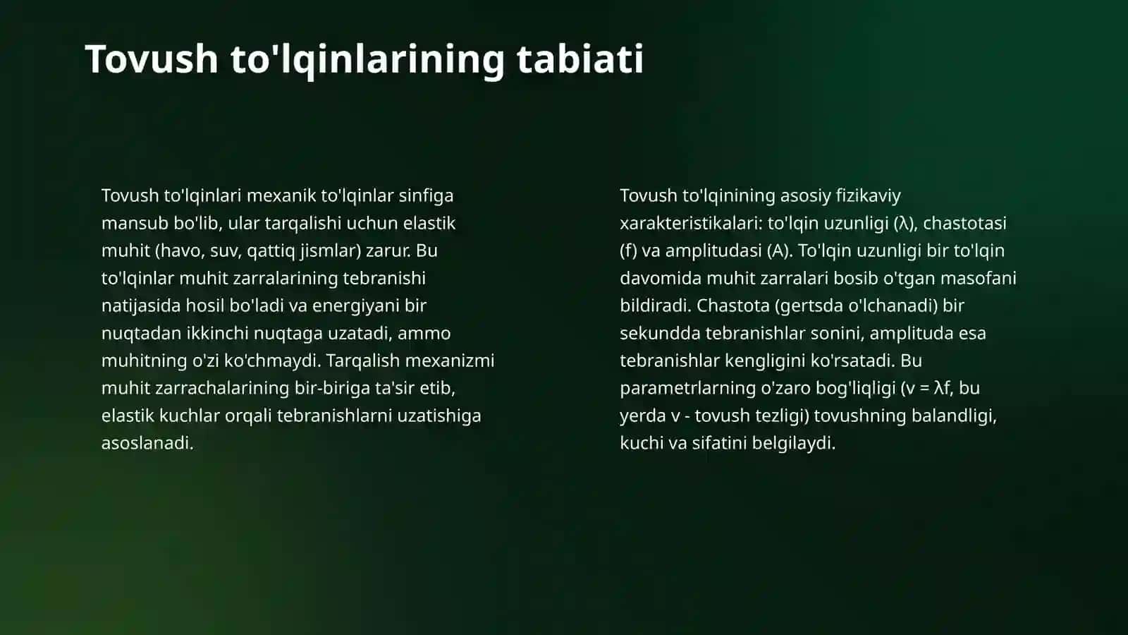 Tovush to’lqinlarining tabiati.Tovushning fizik xarakteristikalari.Eshitish biofizikasi.Og’riq va eshitish bo’sag’alari.Tibbiyotda tovush diagnostikasi.Rezonans, 4