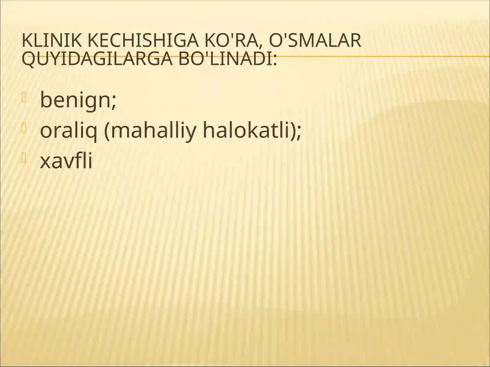 Yuz-jag‘ sohasi xavfli o‘smalari bor bemorlarni tekshirish usullari, tashxislash. Onkologik xushyorlik va dispanserizatsiya nazorati. 4