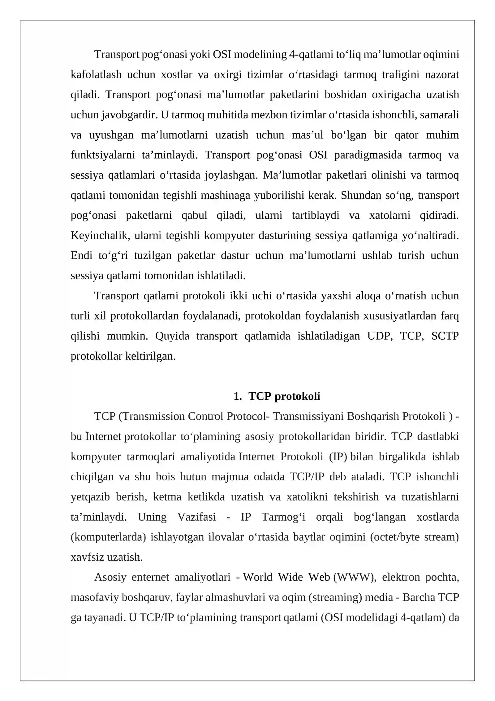Transport pog‘onasi protokollari. Funksiyasi. UDP. TCP. SCTP 4