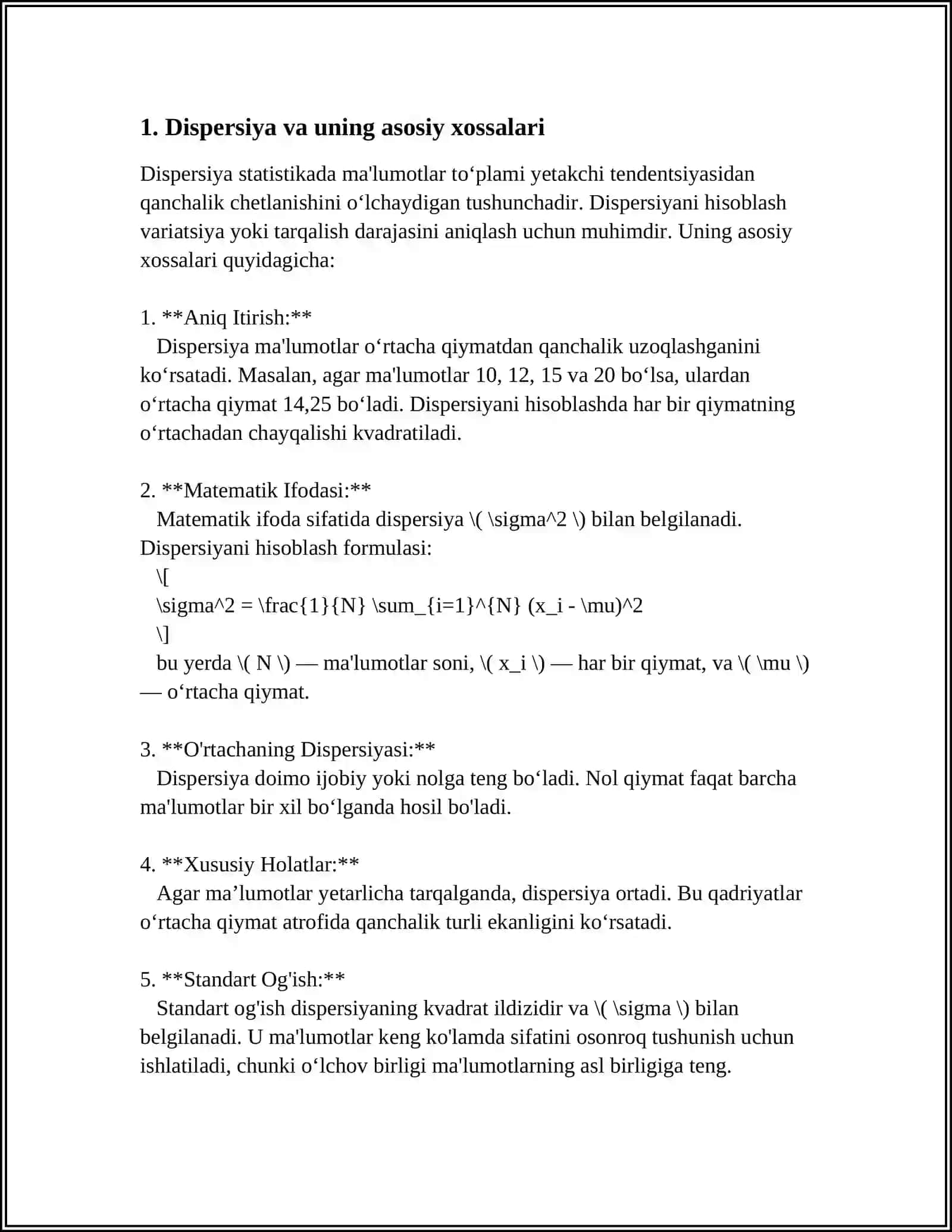 DISPERSIYA VA XOSSALARI. YUQORI TARTIBLI MOMENTLAR. KORRELYASTIYA KOEFFISTIENTI 4