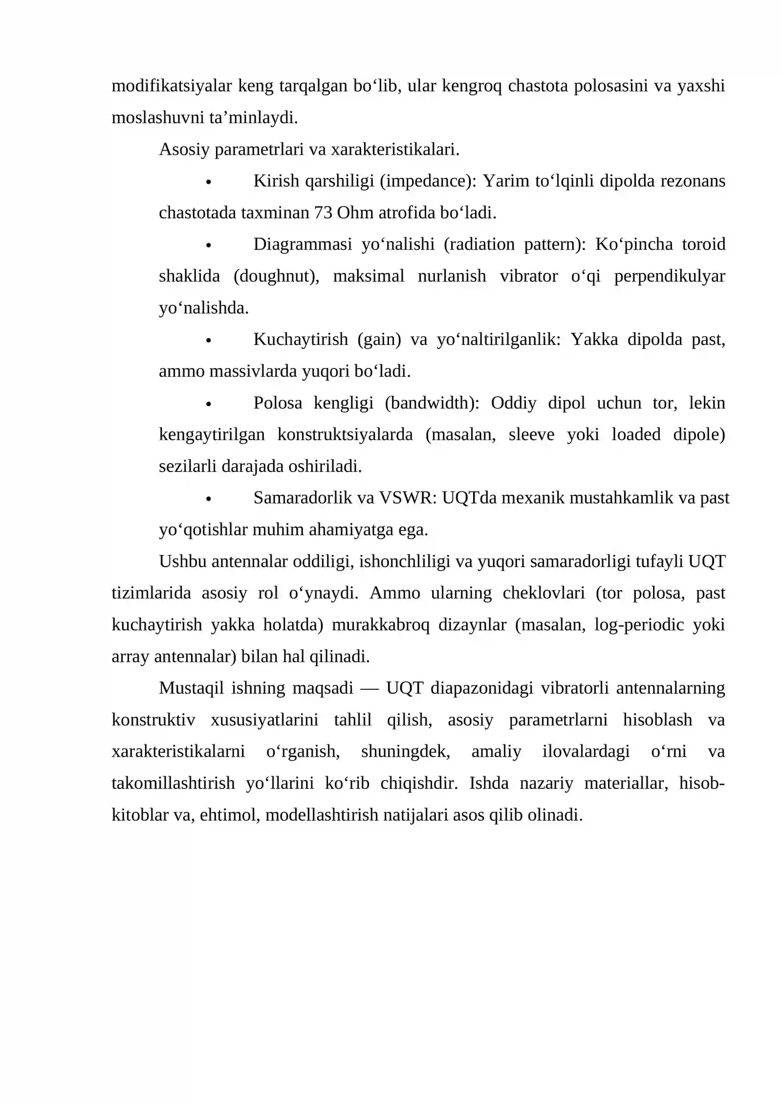 UQT diapazonidagi vibratorli antennalarning konstruktiv xususiyatlari, parametrlari  va xarakteristikalari 4