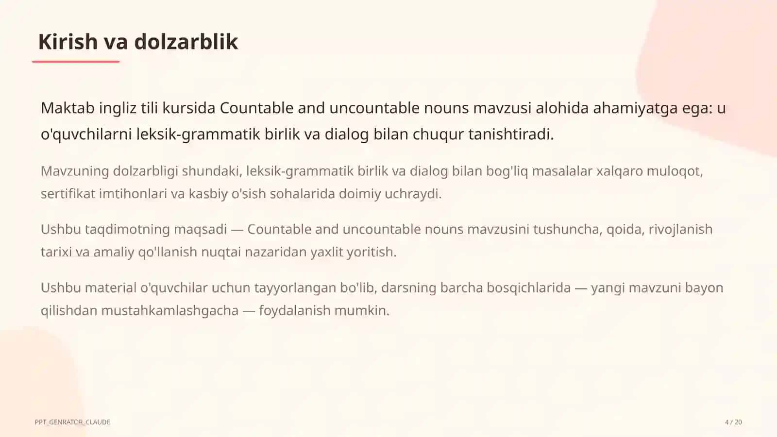 Countable and uncountable nouns (5-sinf) 4