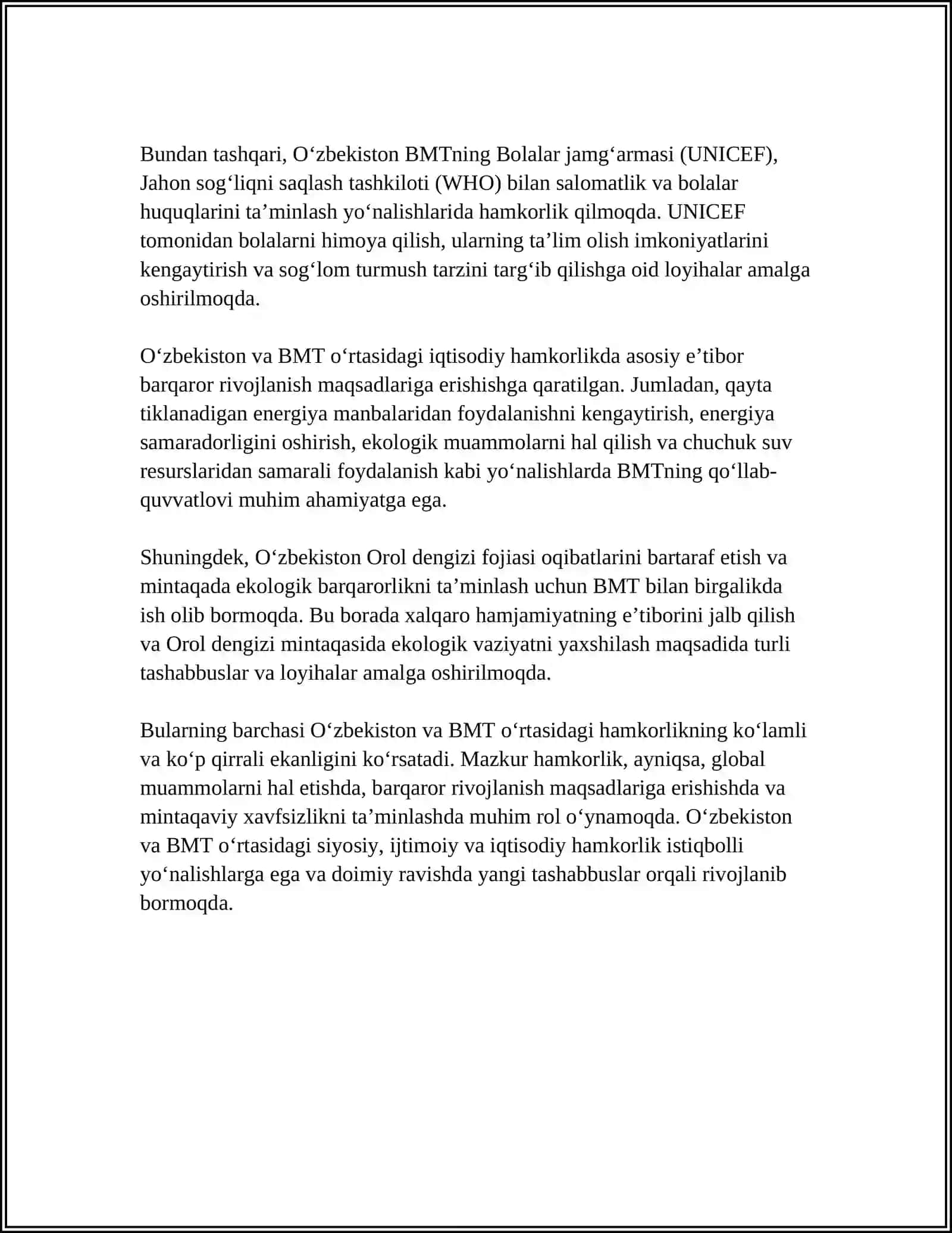 O‘zbekistonning Xalqaro Tashkilotlar Bilan Hamkorlik Aloqalari 4