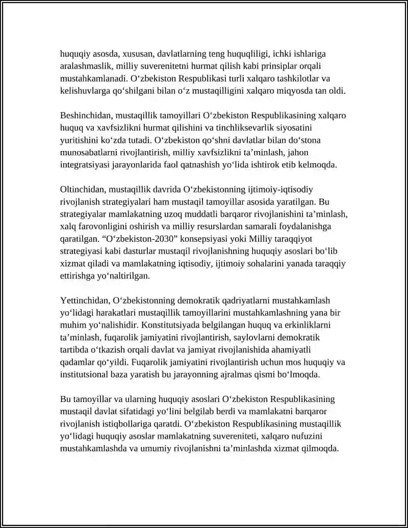 O'ZBEKISTON RESPUBLIKASINING ISTIQILOL VA TARAQQIYOTGA ERISHISH YO'LINING TAMOYILLARI 4