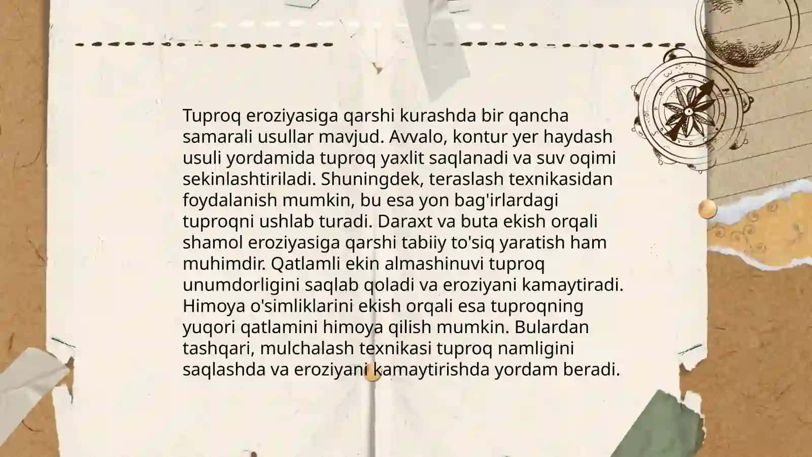 Yer resurslarini muhofaza qilish va ulardan samarali foydalanish.Tuproq erroziyasi va choʻllanish 4