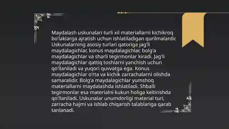Dorilarni oĝirlik bòyicha dozalarga bólish Maydalash vaaralashtirishasbobi.Elaklar va maydalik darajasi.Hovoncha ólchamlarining maydalash jarayoniga ta'siri. 4