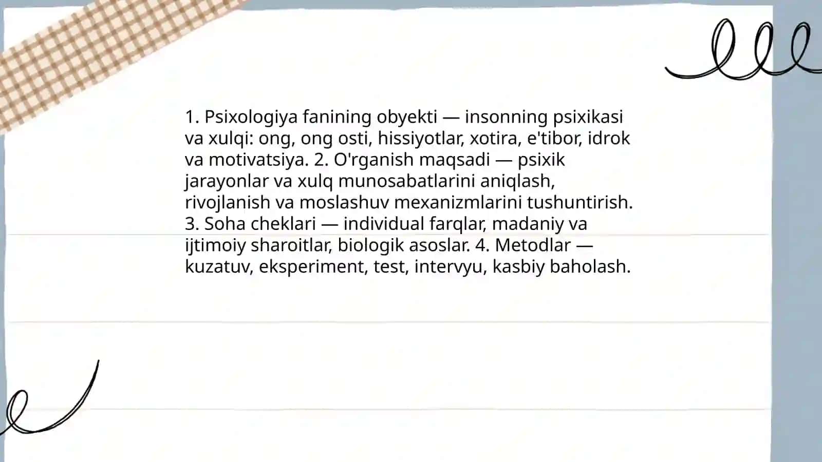 Psixologiya fanining predmedi mavzusi yuzasidan taqdimot tayyorlang 4