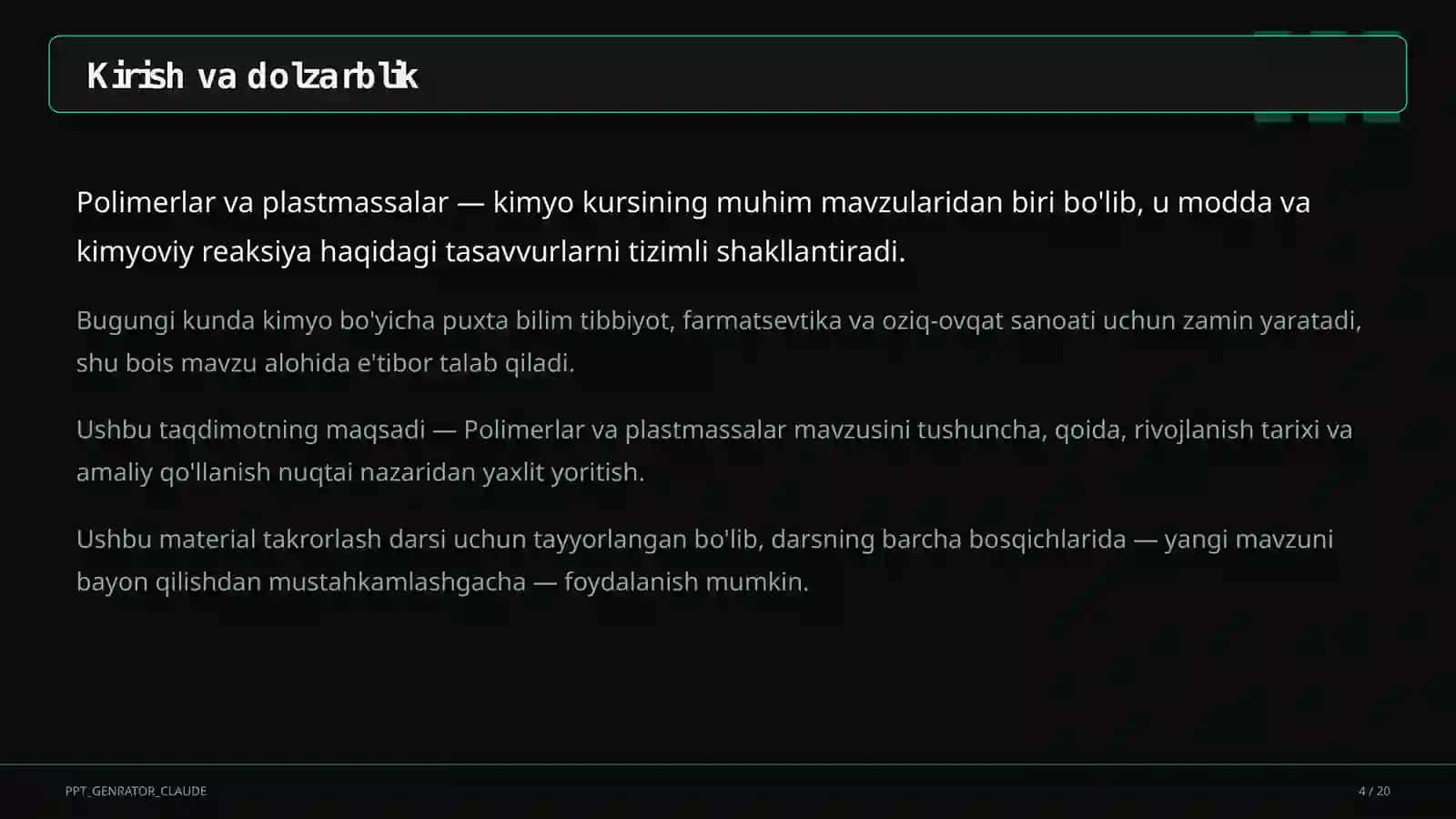 Polimerlar va plastmassalar (11-sinf) 1