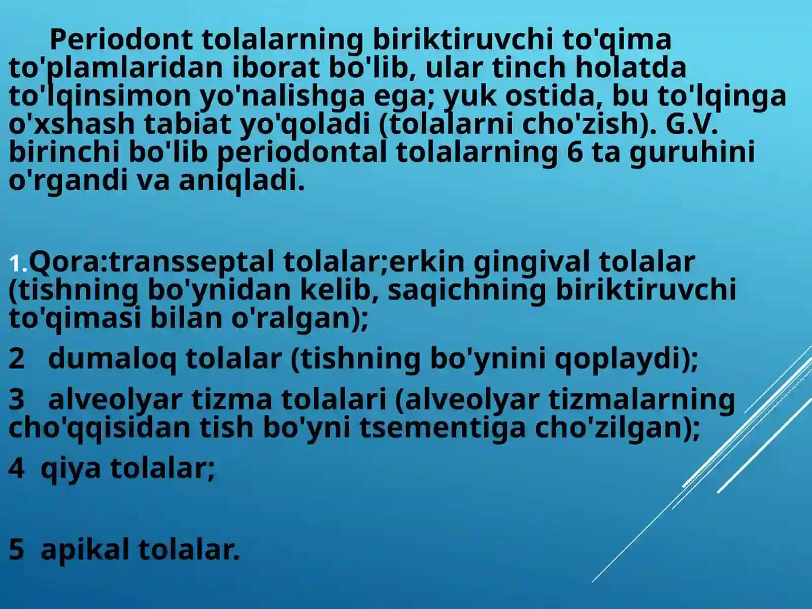 Periodont: tuzilishi, vazifalari. Apikal periodontit: etiologiyasi va patogenezi. Turli shakllarning tasnifi, klinik ko'rinishi. 4