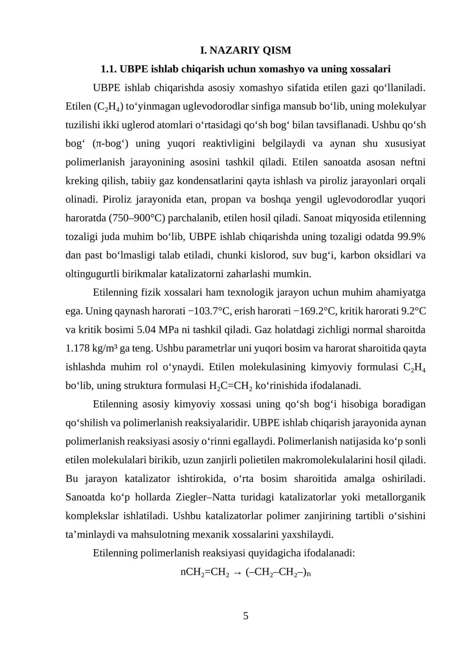 Ish unumdorligini 15 t/soat boʻlgan oʻrta bosimli polietilen (UBPE) ishlab chiqarish liniyasi loyihalash 4