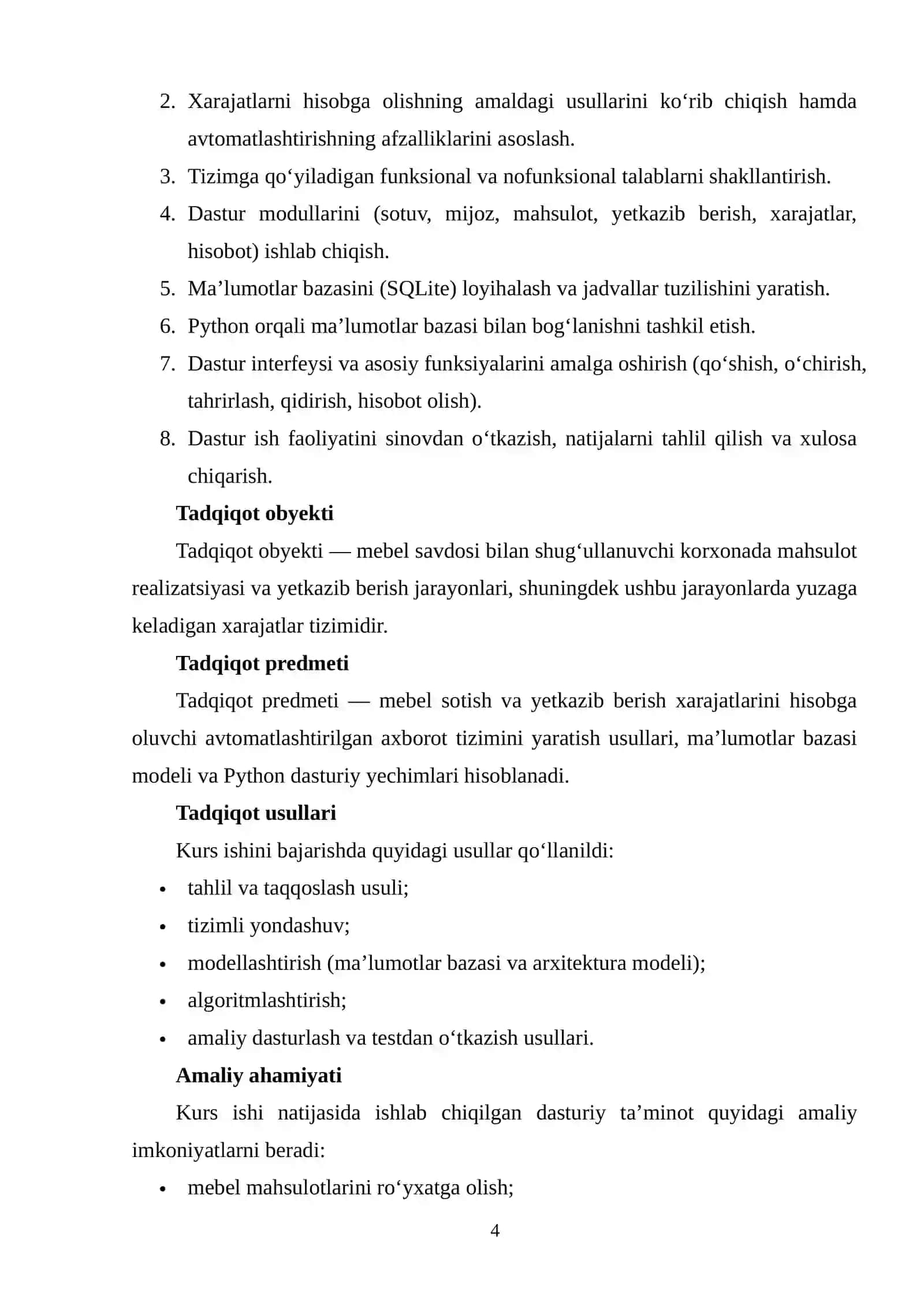 MEBELNI SOTISH VA YETKAZIB BERISH XARAJATLARINI HISOBGA OLISHNI AVTOMATLASHTIRISH TIZIMINI ISHLAB CHIQISH 4