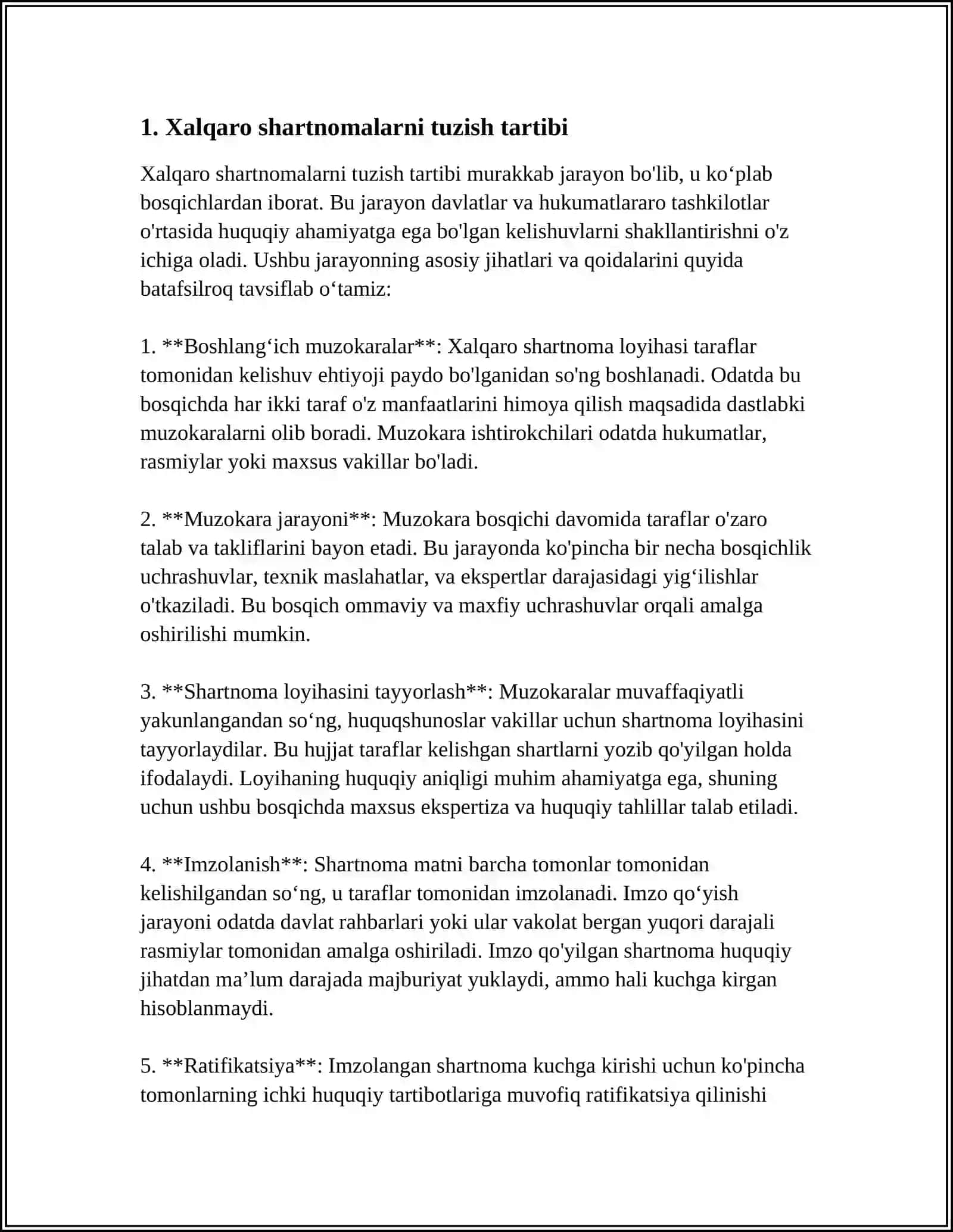 O'ZBEKISTON RESPUBLIKASI XALQARO SHARTNOMALARNI TUZISH, BAJARISH, TO'XTATIB TURISH VA DENONSATSIYA QILISH 4