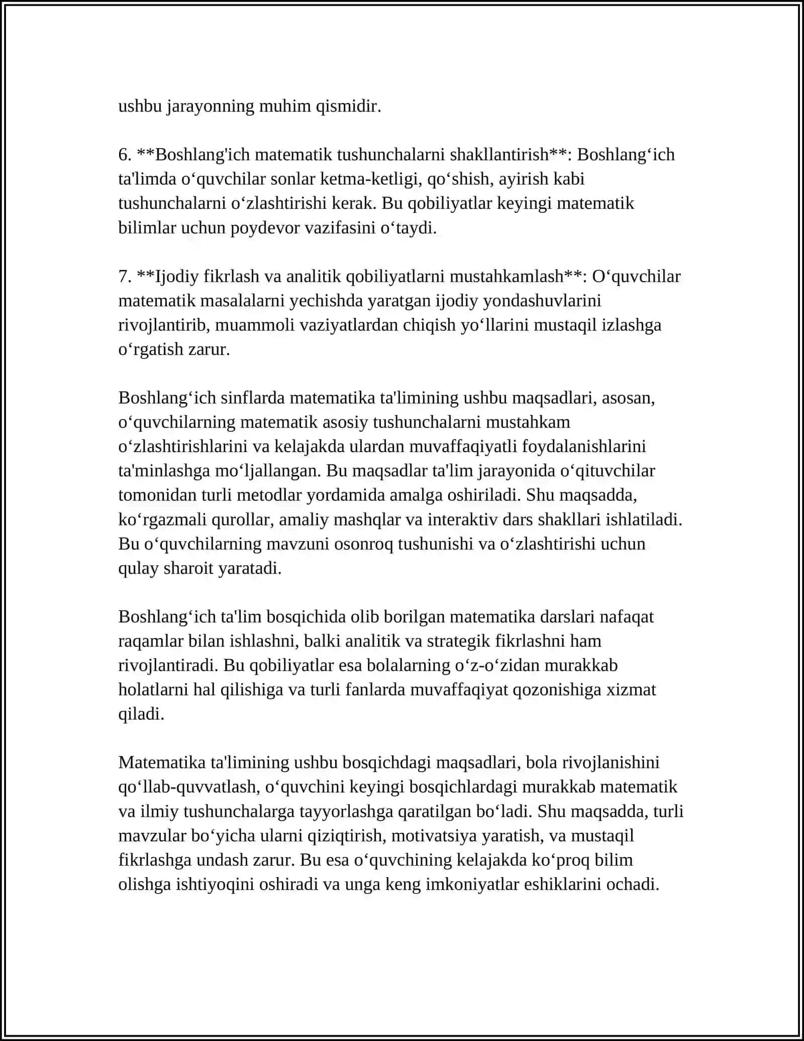 REFERAT: BOSHLANGʻICH SINFLARDA MATEMATIKA OʻQITISHNING MAQSAD VA VAZIFALARI 4