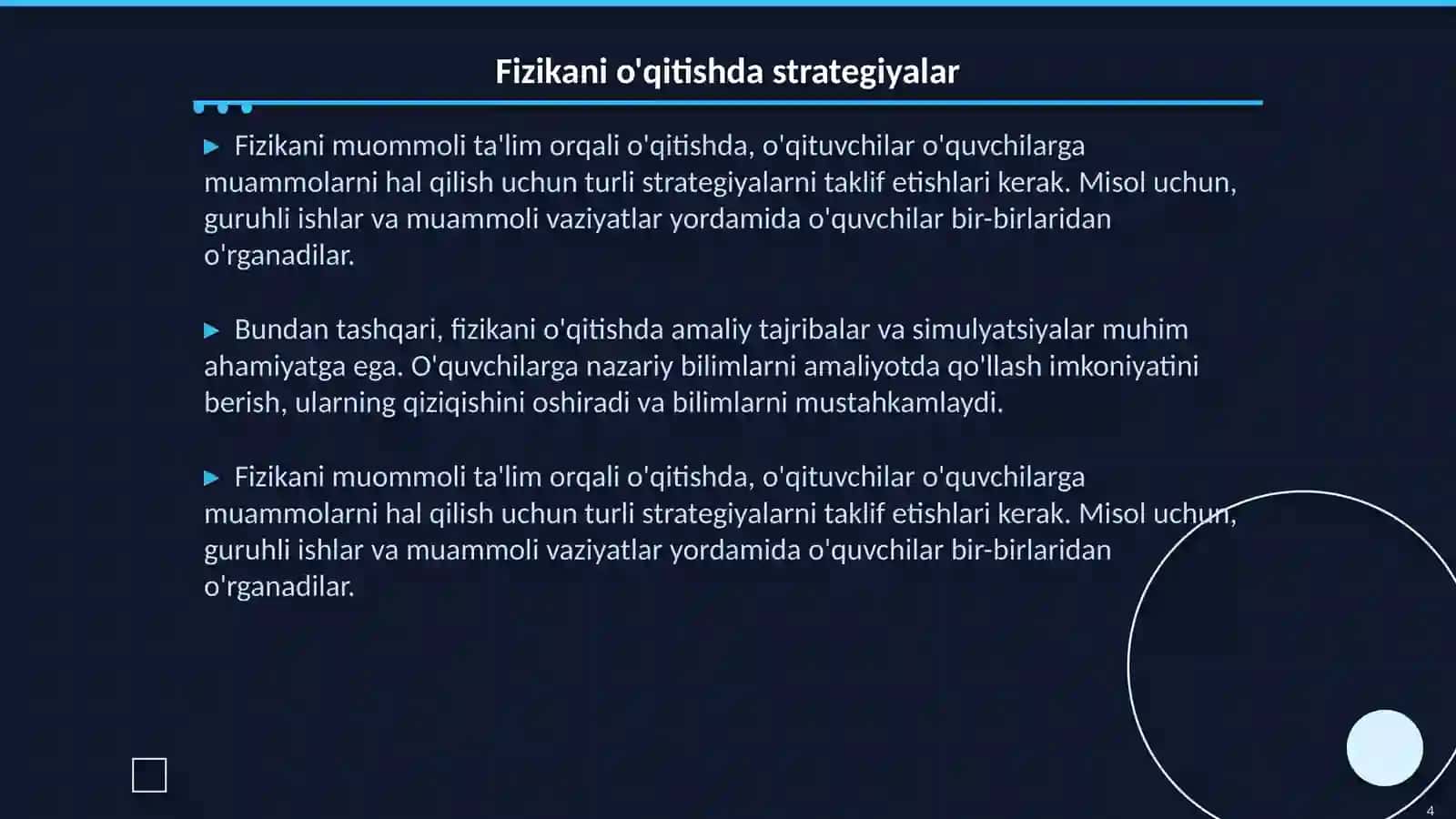 Muommoli ta'lim yordamida fizikani o'qitish metodikasi 4