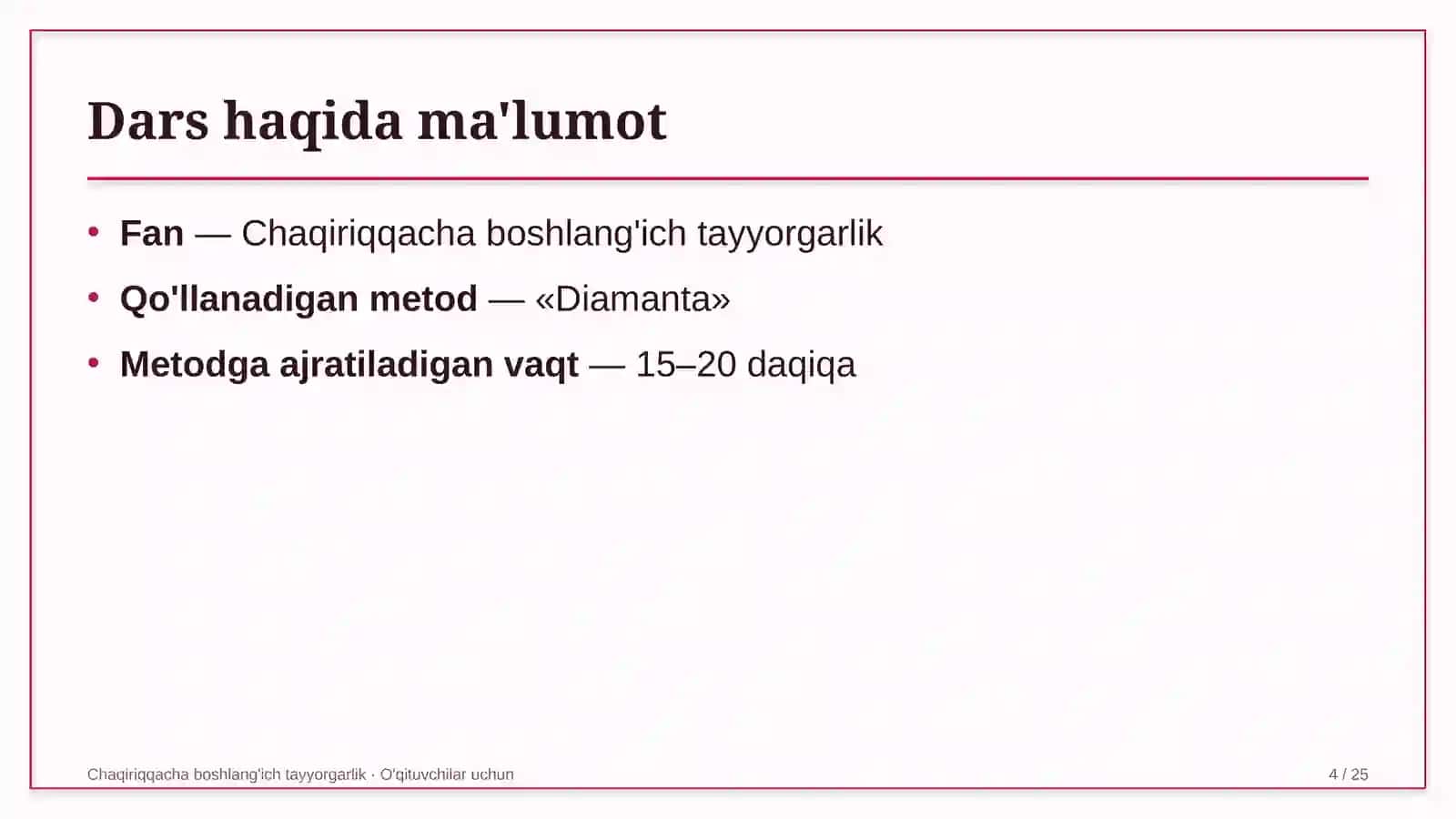 chaqiriqqacha boshlang'ich tayyorgarlik darslarida diamanta metodidan foydalanish 8812 4